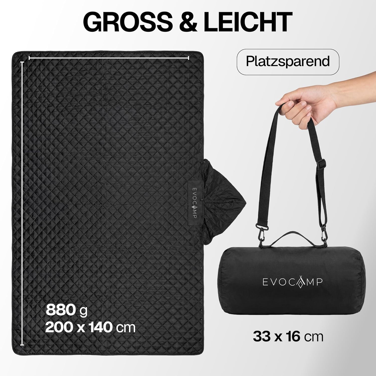 EVOCAMP Outdoor-Decke, ultraleichte warme Campingdecke, wasserabweisend, Windschutz, 200 x 140 cm, Thermodecke mit Fleecefutter, Poncho-Einlage, Stadiondecke, mit Tasche 33 x Ø 16 – Bild 2