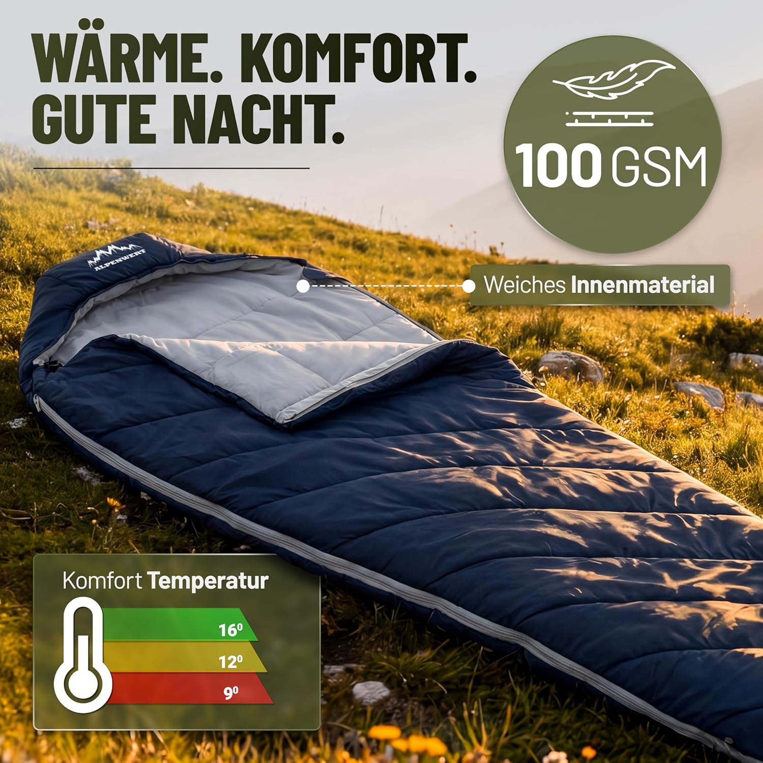 ALPENWERT® Schlafsack Sommer Ultraleicht & Klein (15 x 27 cm Packmaß) – Wasserabweisend, YKK-Reißverschluss, Kältebrücke & Einklemmschutz – Perfekt für Camping & Festival – Bild 4