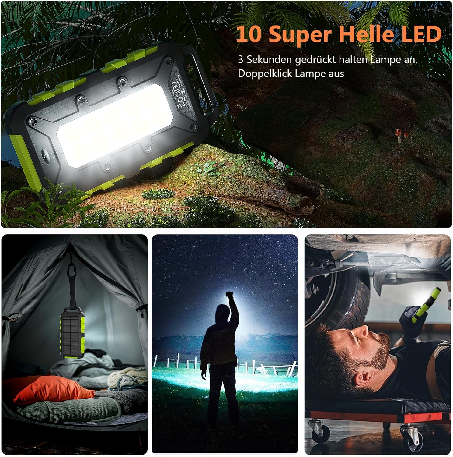 Solar Powerbank 10000 mAh, PD15W Tragbares Solar-Ladegerät USB C Externer Akku Outdoor Wasserdichts mit LED-Licht und 3 Ausgängen für Smartphones Tablets Camping, Grün – Bild 6
