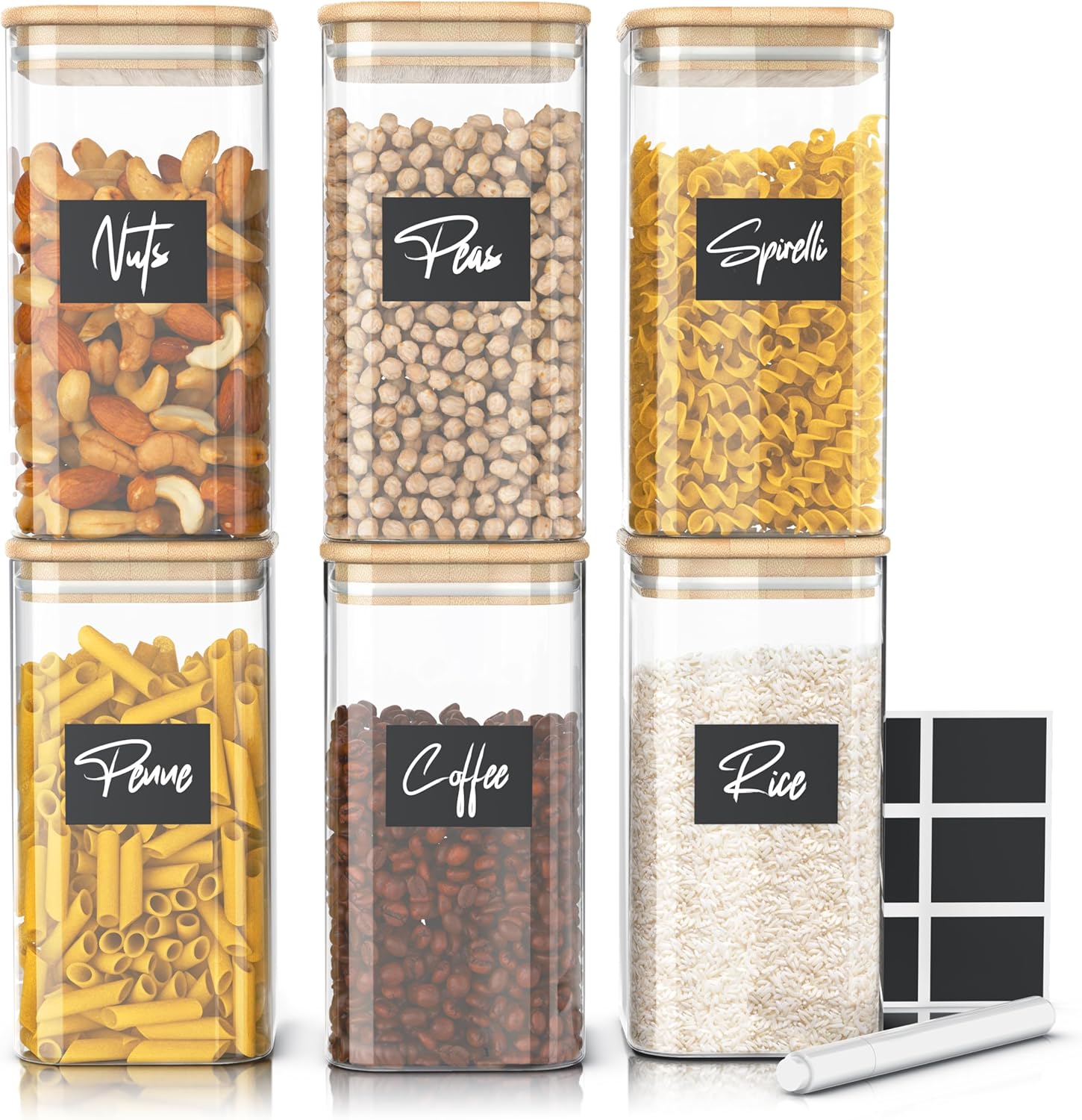 Arendo – Vorratsdosen mit Deckel – 6er-Set – Glasbehälter – hitzebeständig – Vorratsdosen mit Bambusdeckel – luftdicht – für Getreide, Zucker, Mehl, Kaffee, Reis
