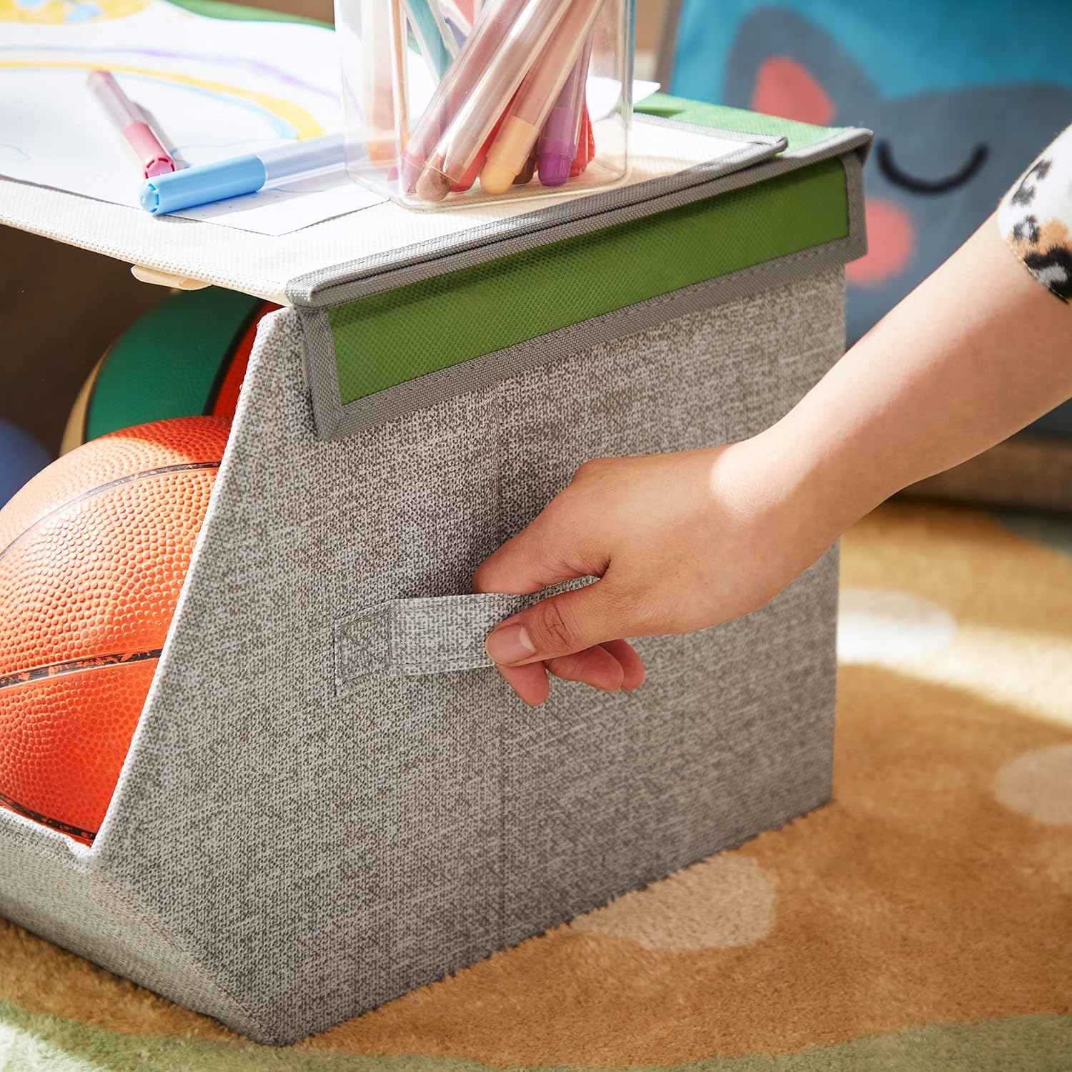 SONGMICS Aufbewahrungsboxen, 3er-Set, faltbare Stoffboxen mit Griffen, Organizer, magnetischer Deckel, für Kinderzimmer, Spielzimmer, Tiermotive, rosa, blau, grün und grau, RFB760P01 – Bild 9