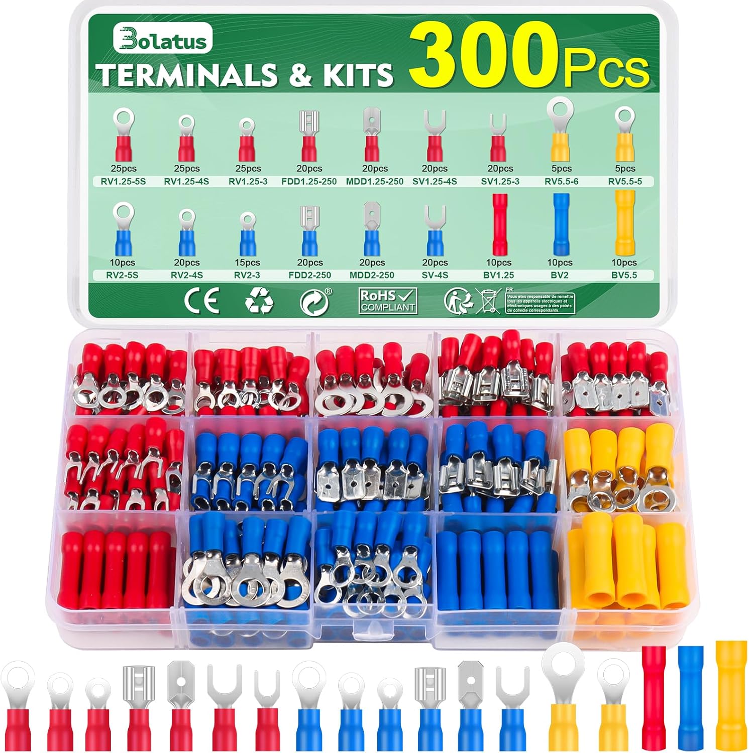 300 Stück 0,5-6,0 mm² Kabelschuhe Set, Bolatus Kabelschuh Sortiment, Flachverbinder und Gabelkabelschuhe, Ringkabelschuhe, Stoßverbinder, Auto Crimpverbinder Set