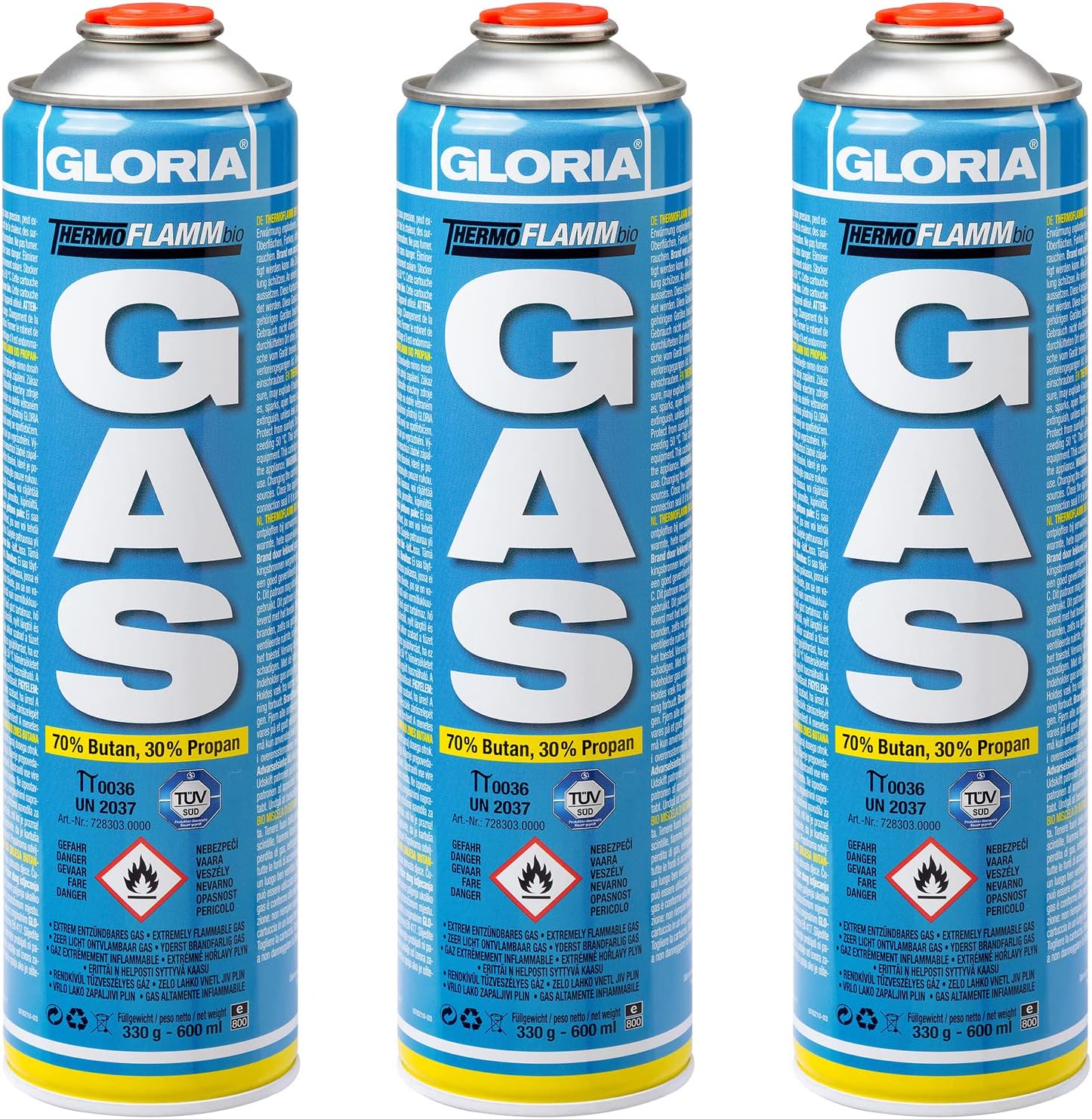 GLORIA Gaskartuschen 3 x 600 ml | Ideal für Gloria Thermoflamm Unkrautbrenner & Flammengerät | 70 % Butan, 30 % Propan | 30 % längere Brenndauer | Schraubkartusche für Camping, Gasherd und Gasbrenner