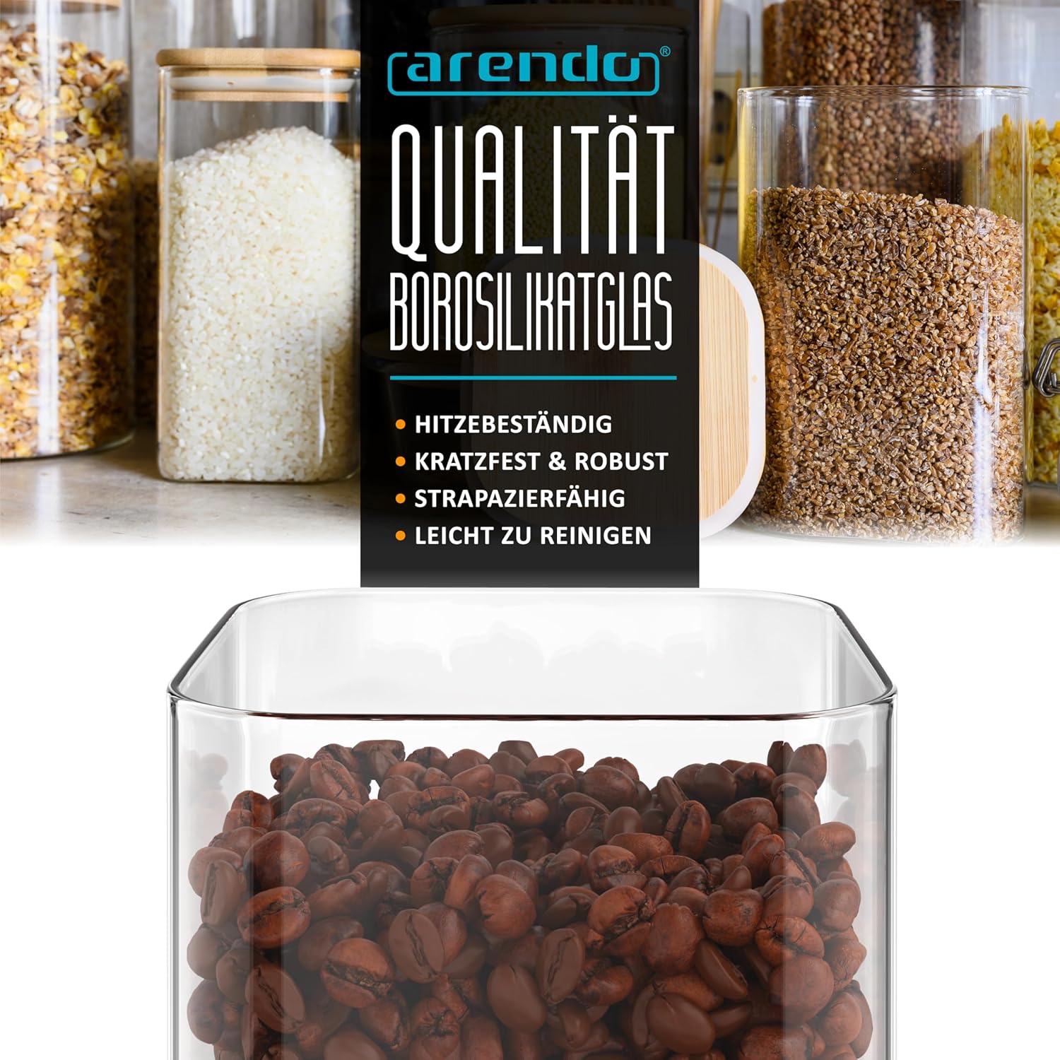 Arendo – Vorratsdosen mit Deckel – 6er-Set – Glasbehälter – hitzebeständig – Vorratsdosen mit Bambusdeckel – luftdicht – für Getreide, Zucker, Mehl, Kaffee, Reis – Bild 5