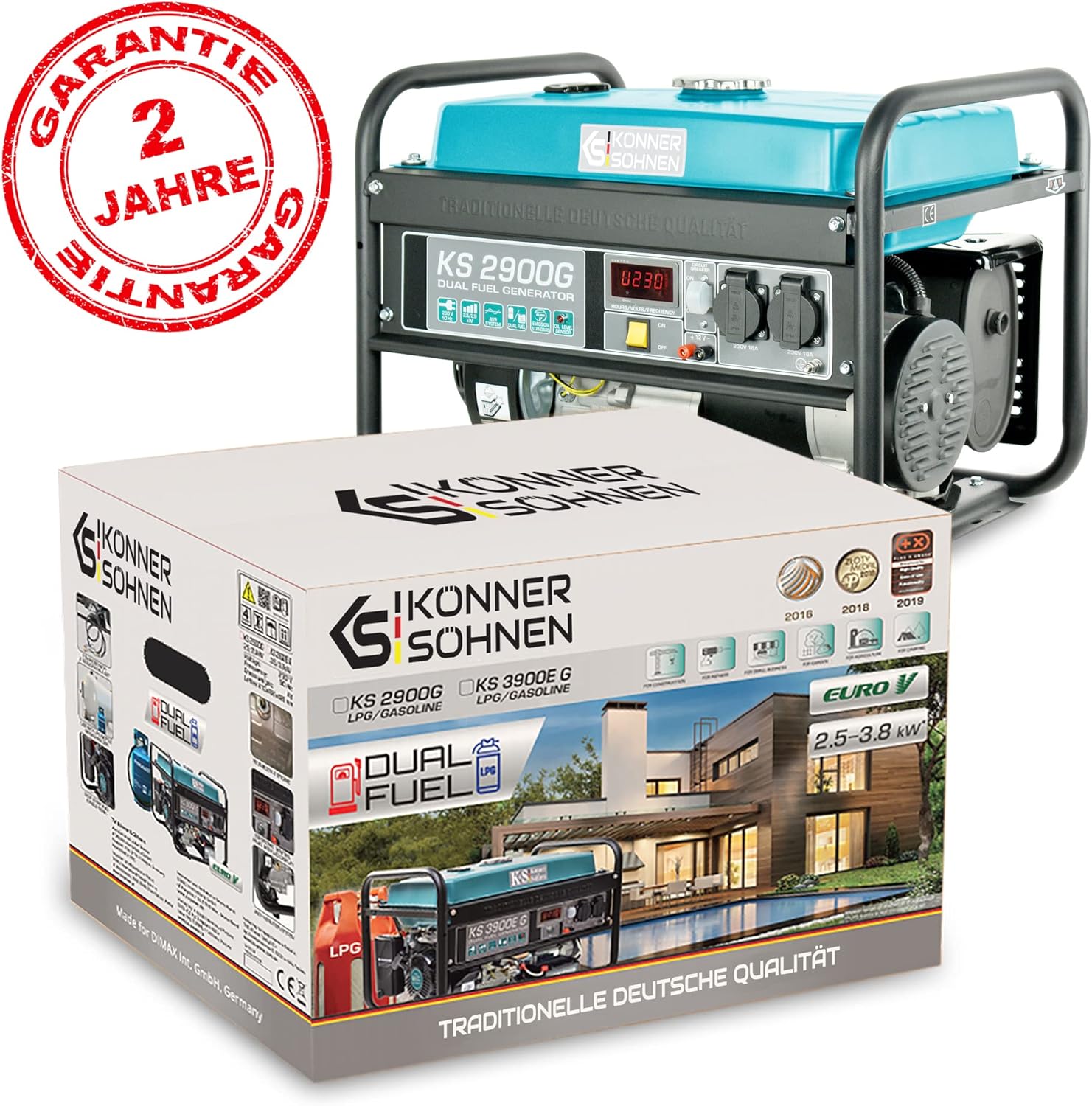 LPG/Benzin-Stromerzeuger KS 2900G Dual Fuel Serie, Notstromgenerator Gas 2900 W, 2x16A (230 V), 12 V, Stromgenerator mit (AVR), Stromgenerator mit Ölstandsanzeige, Überlast- und Kurzschlussschutz. – Bild 7