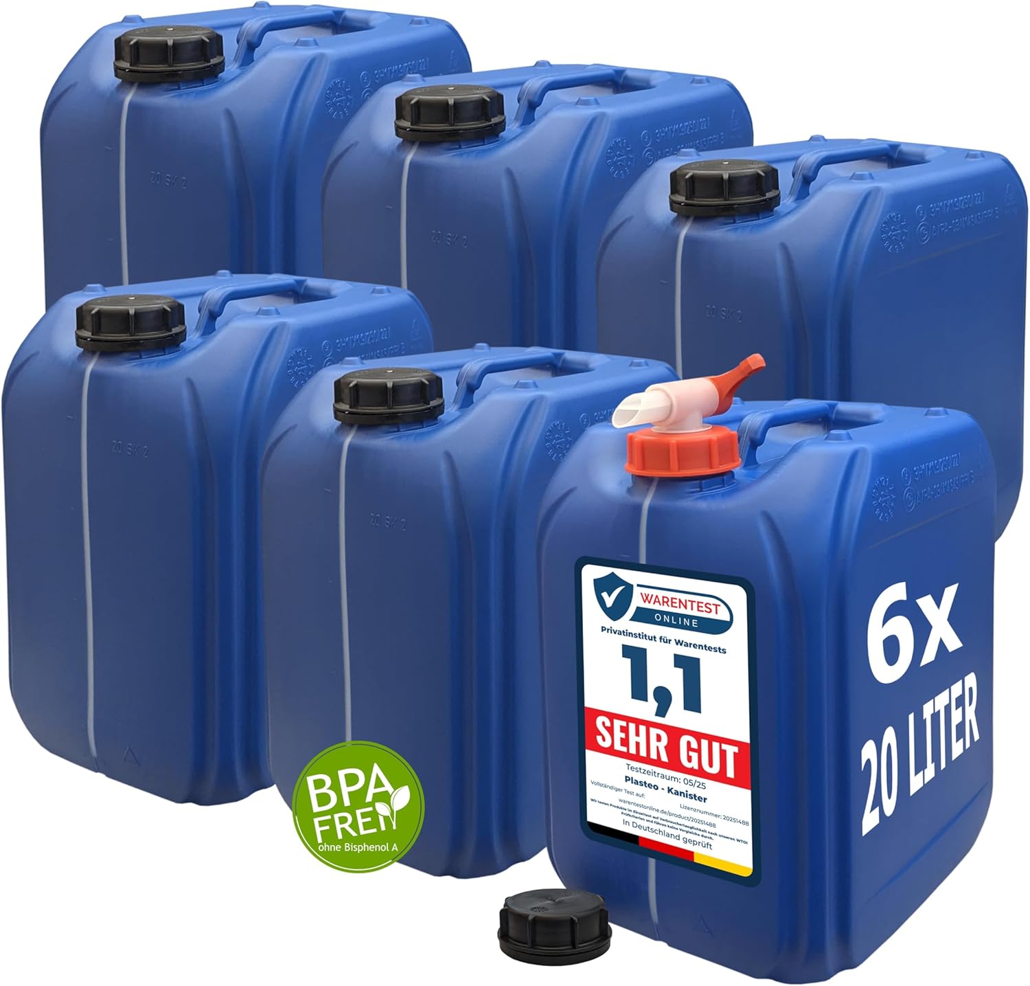 plasteo 20 Liter Trinkwasserkanister mit 1 Hahn und Schraubdeckel (DIN 61), blau