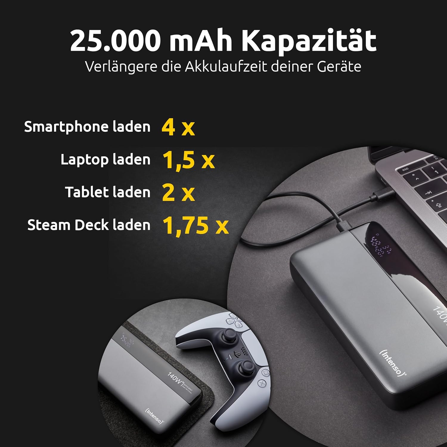Intenso Powerbank HE25000 140 W Stromversorgung, 25000 mAh externer Akku, Schnellladung für MacBook, iPhone, Samsung Galaxy, iPad – USB-C-Kabel und Tragetasche im Lieferumfang enthalten – Bild 2