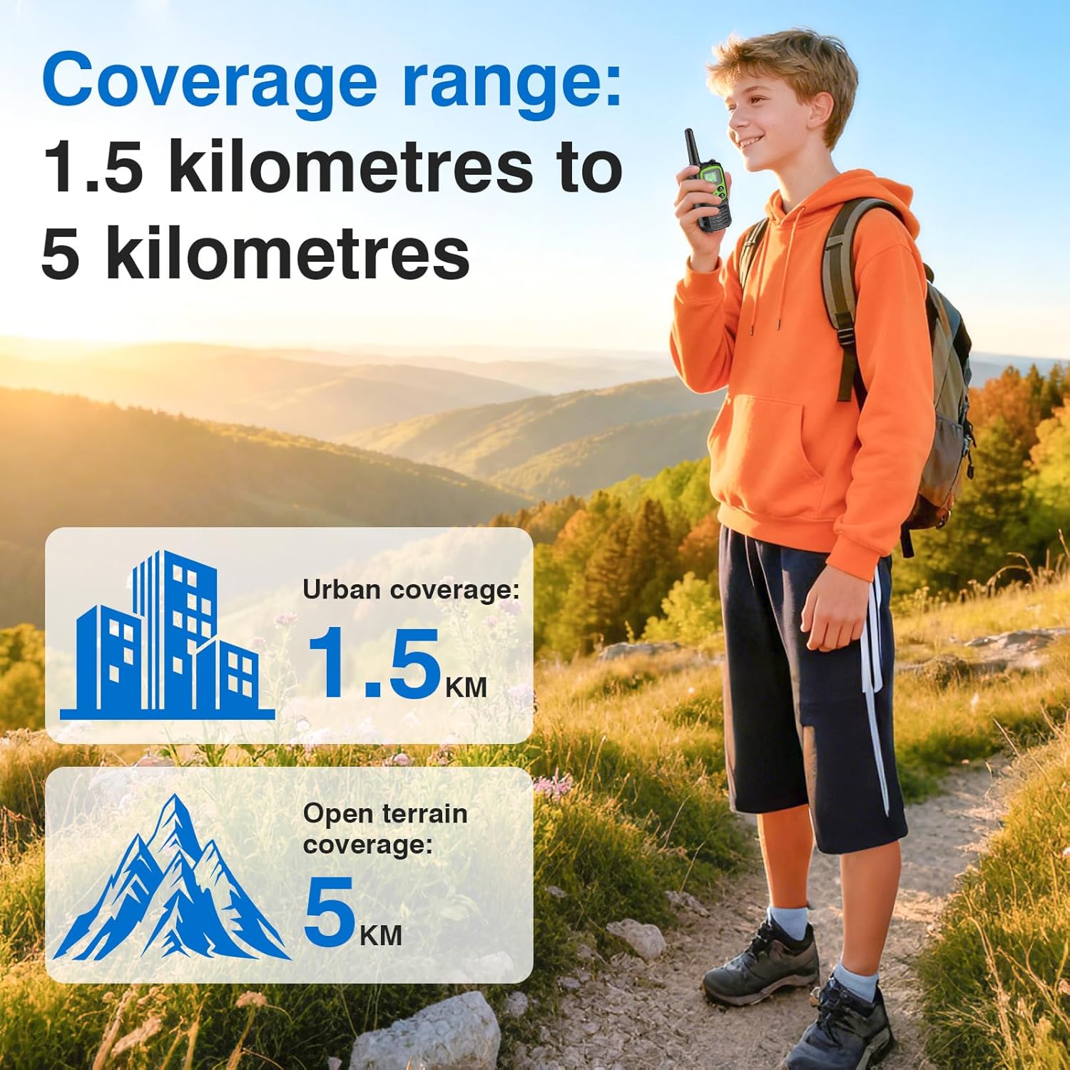 Walkie Talkie Set mit 4 Walkie Talkies für Erwachsene Kinder, 20 Kanäle mit 1200 mAh Li-Ionen-Akku/VOX/LED-Taschenlampe/USB-C-Kabel/5 km Reichweite/Tastatursperre für Camping, Wandern, Geschenk – Bild 5
