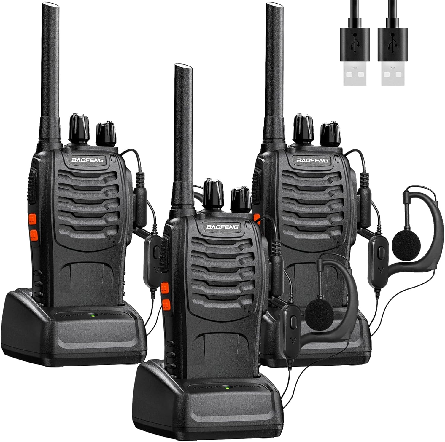 Baofeng Walkie Talkies Radio PMR446, Zwei-Wege-Radio, professionelle Gegensprechanlage, 16 Kanäle, Funkempfänger, Sender und Empfangsgerät, inklusive Akku, Headset und USB-Ladestation (3 Stück)