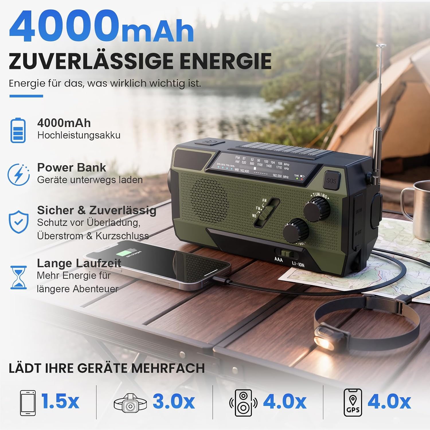 Kurbelradio, Notfallradio, 4000 mAh (14800 mWh) Akku, Powerbank mit 3 integrierten Kabeln, Radio mit Kurbel und Solar, AM/FM SOS-Alarm, Taschenlampe, Notfall-Kurbelradio für Camping, Outdoor, Stromausfall – Bild 3