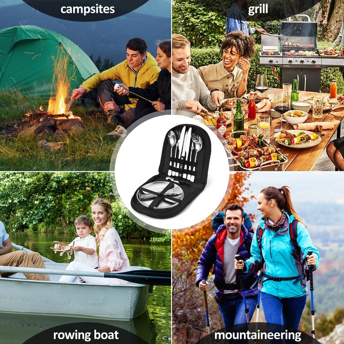 Camping-Geschirr-Set für 2 Personen, 12-teiliges tragbares Camping-Besteck-Set aus Edelstahl für Camping, Picknick, Reisen, inklusive Bestecktasche, Edelstahl-Gabeln, Messer und Löffel, wiederverwendbar – Bild 7