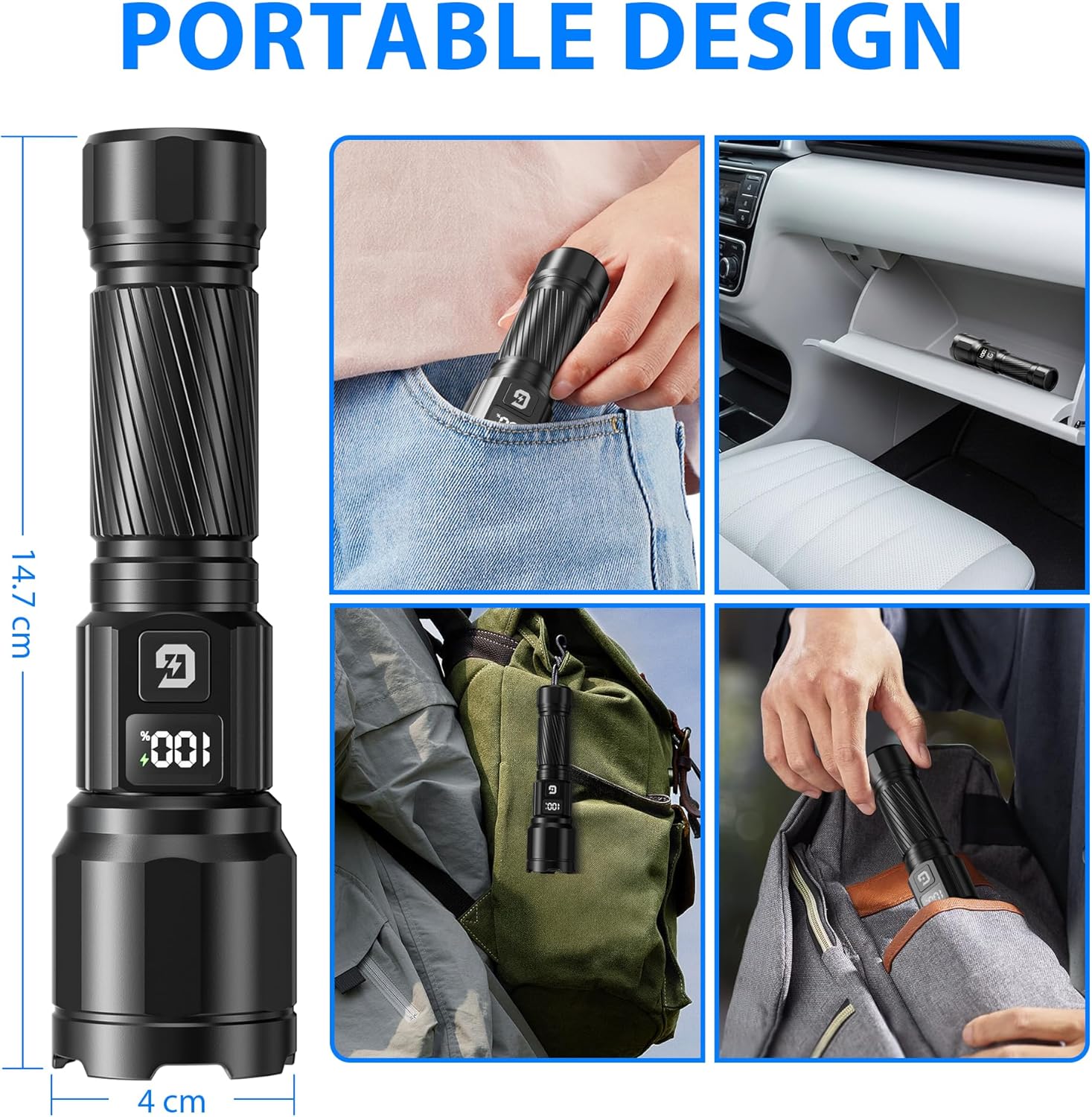 GEARLITE Taschenlampen LED wiederaufladbar, 6000 LM LED-Taschenlampe extrem hell mit 3 Modi, IP65 wasserdicht, Handlampe zoombar für Camping, Wandern, Outdoor, 2 Stück – Bild 3