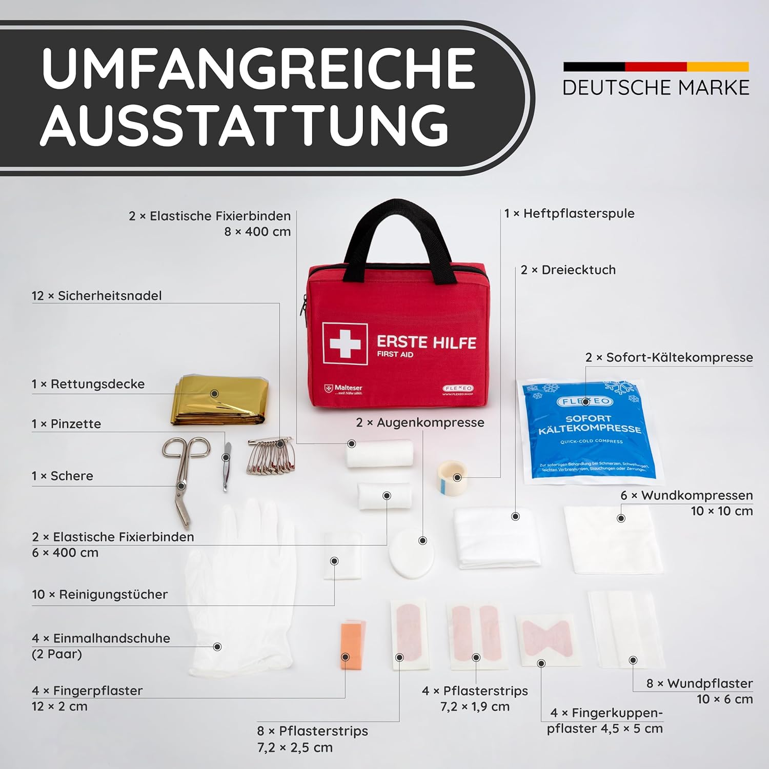 Erste-Hilfe-Set mit Sofort-Kältekompressen, Rettungsdecke und Pflaster-Sortiment (103-teilig, rot) – Bild 3