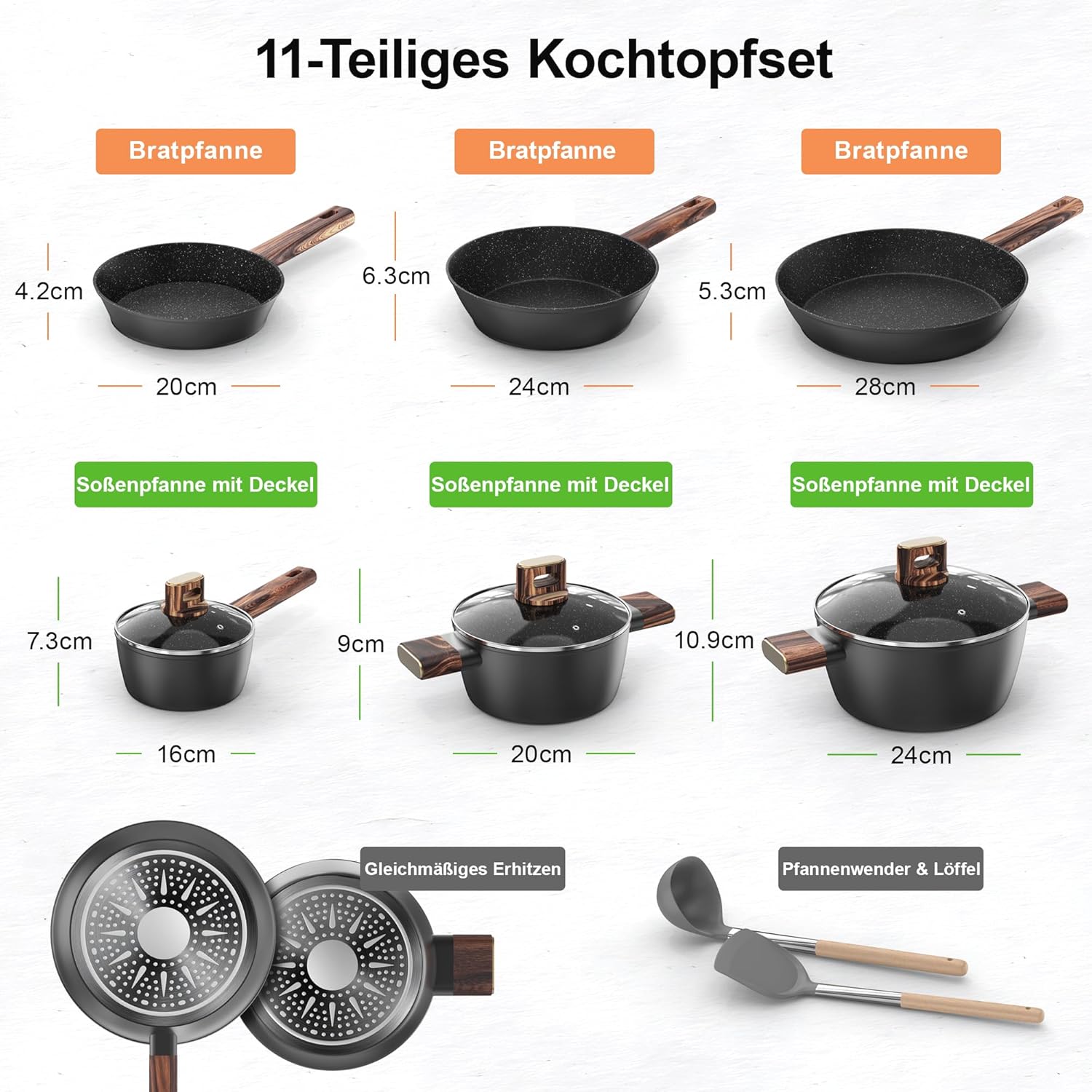 11-teiliges Kochtopf-Set, antihaftbeschichtetes Kochtopf-Set aus Aluminium für Induktion, Pfanne 20/28 cm, tiefe Bratpfanne 24 cm, Kochtopf mit Deckel 16/20/24 cm, Pfannenset PFOA-, PFOS-frei – Bild 2