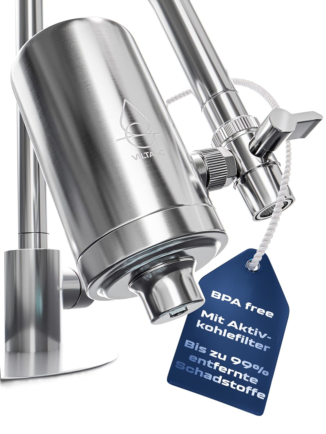 VILTARO Wasserfilter-Wasserhahn mit Kalkschutz – nur 2 Cent/Liter Trinkwasser, BPA-frei, Edelstahl, wassersparender Luftsprudler, Aktivkohle, Filter-Wasserhahn, Wasserhahnfilter für Trinkwasser