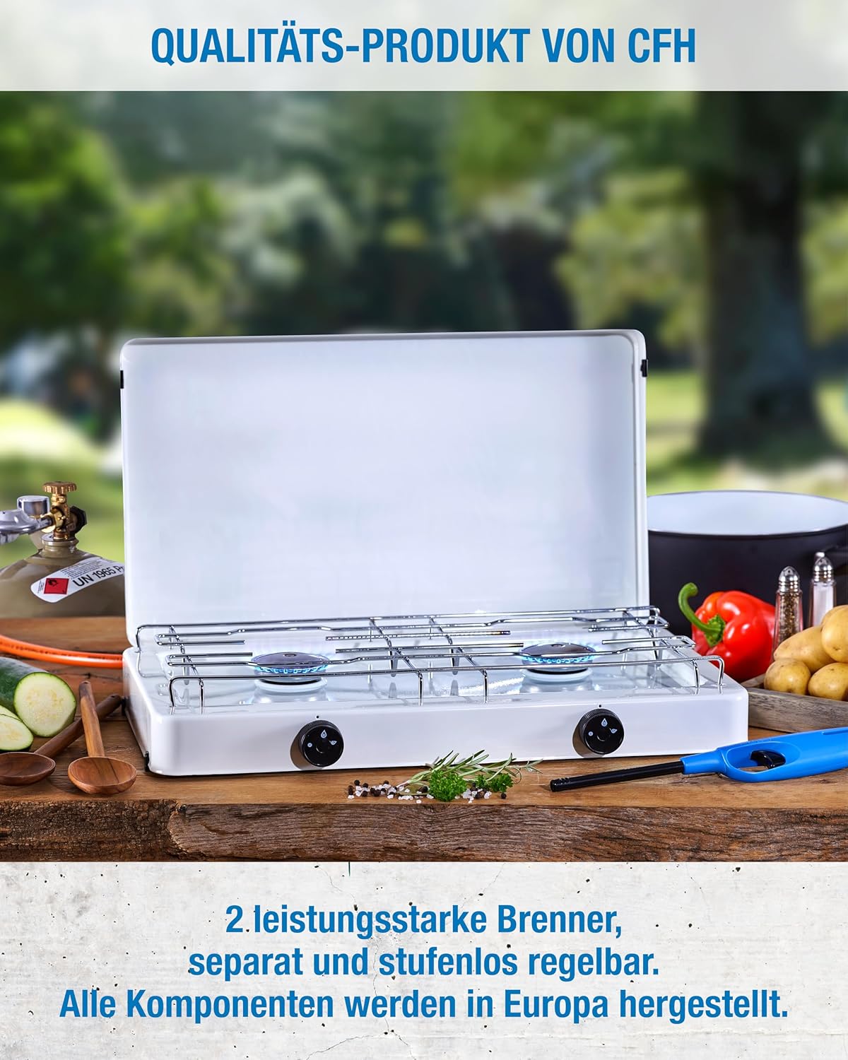 Capri Zweiflammenkocher mit Druckregler + 80 cm Gasschlauch 1/4 Zoll lks. – Bild 4