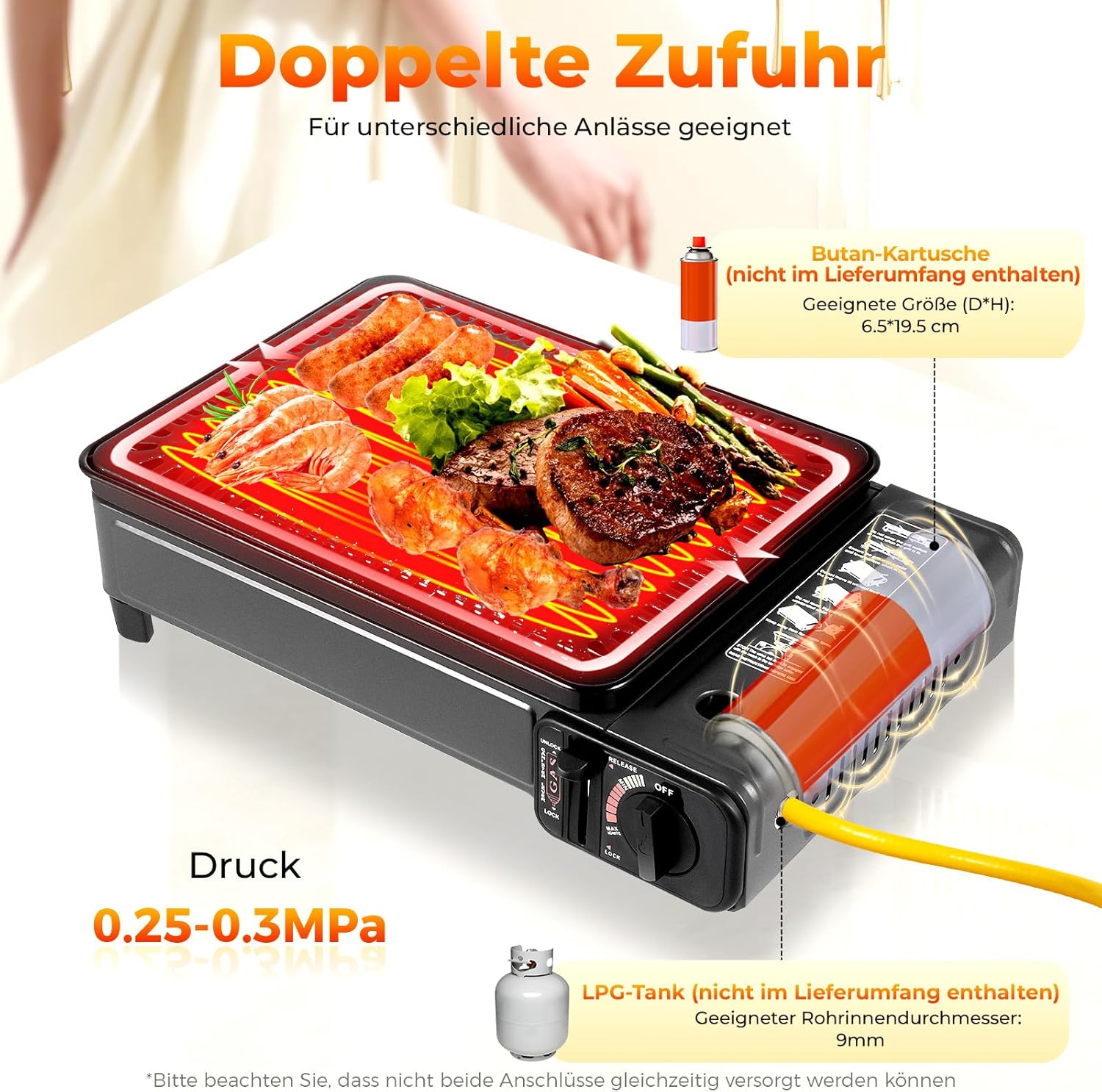 Camping-Gasgrill mit Koffer, 2-in-1-Tischgrill, Gaskocher, 2-flammig, tragbar, kleiner Gasgrill für Kartusche & Gasflasche, Outdoor-Grill, Camping-Set für Balkon, Picknick mit Zubehör – Bild 4