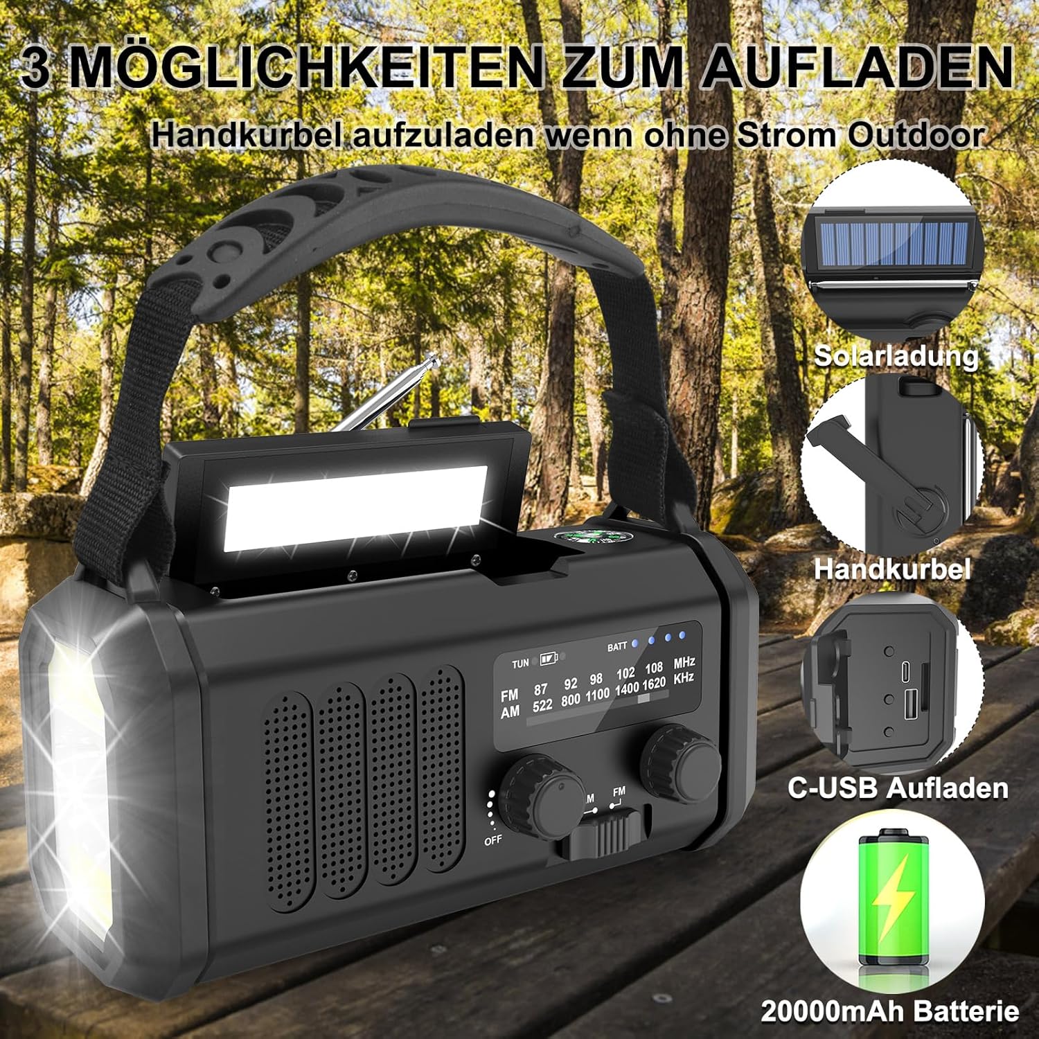 Solarradio, tragbares Kurbelradio, AM/FM-Notfallradio mit 10000/20000 mAh wiederaufladbarer Powerbank, 3 Modi LED-Taschenlampe, SOS-Alarm, USB-C-Handy-Aufladung für Camping im Freien (schwarz, 20000 mAh) – Bild 2