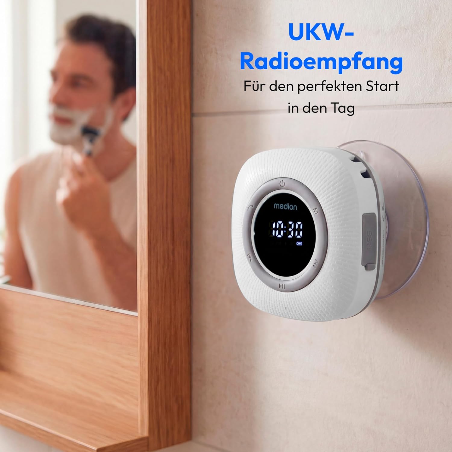 MEDION S66884 Duschradio mit Bluetooth (Badezimmerradio, UKW-Radio, Saugnapf, LED-Display, IPX6 wasserdicht, integrierter Akku, MD43884) weiß – Bild 4