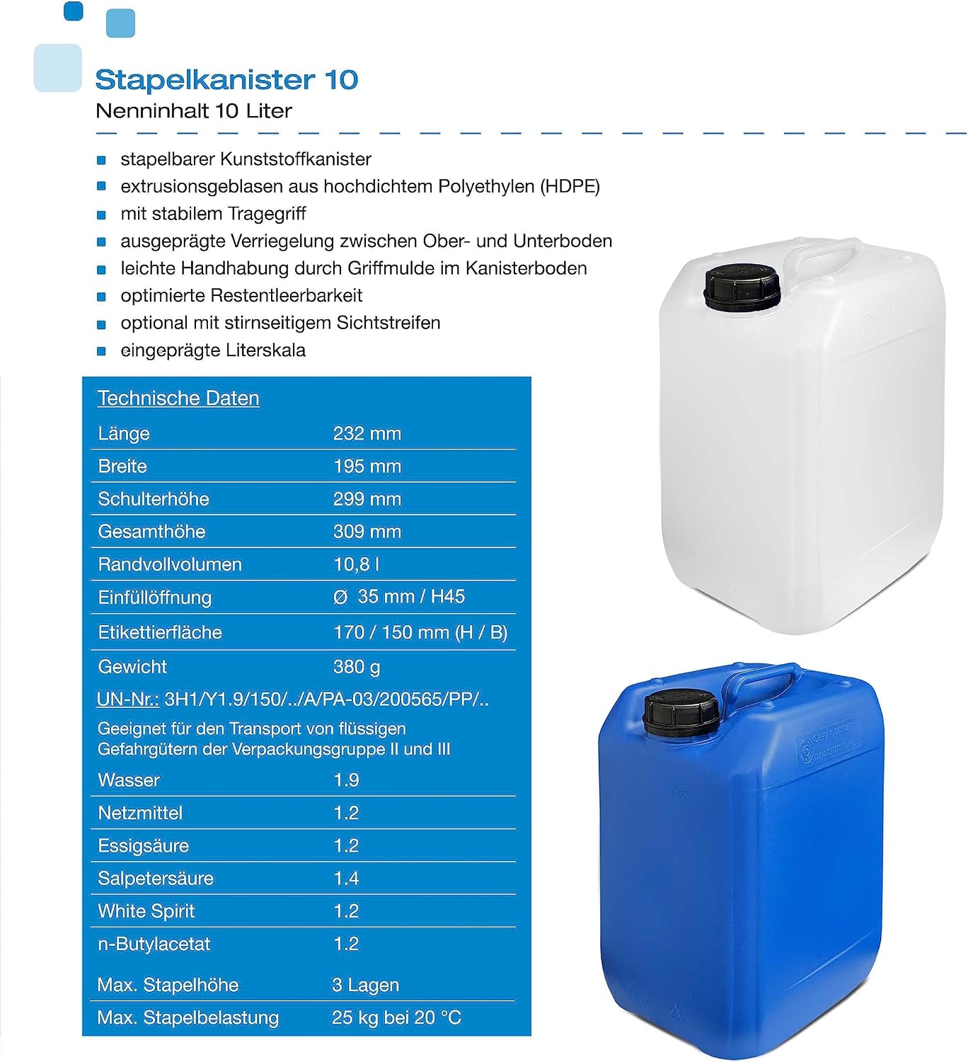plasteo® 4 x 10 L Trinkwasserkanister, natur, DIN 45, BPA-frei, lebensmittelecht, hergestellt in Deutschland, UN-Zulassung, tragbar, für den Innen- und Außenbereich geeignet – Bild 3