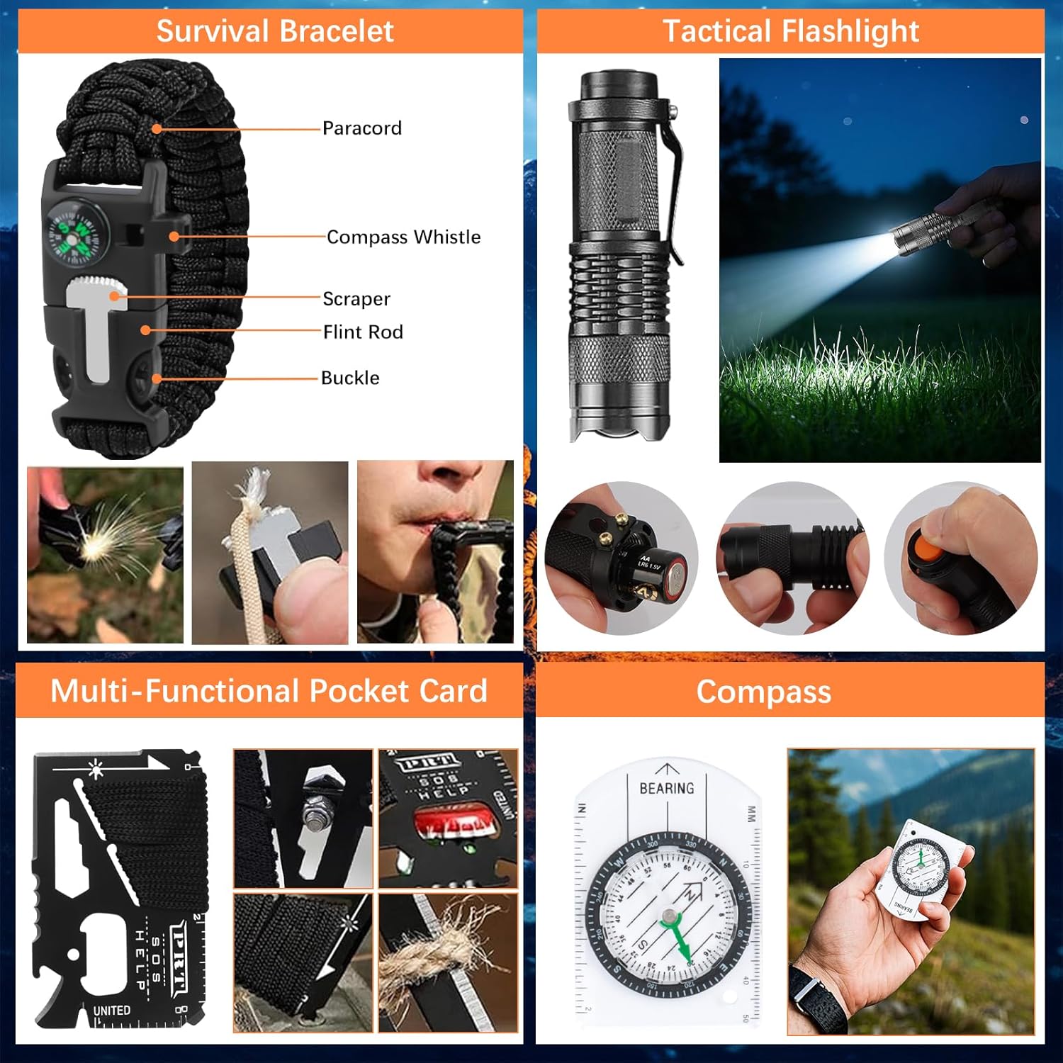 69-teiliges Outdoor-Notfall-Überlebensset, taktischer Taschenlampenkompass, Feuerstahl, Paracord, Multifunktionswerkzeuge und Regenponcho, Notfallausrüstung für Camping, Wandern und Outdoor-Abenteuer – Bild 6