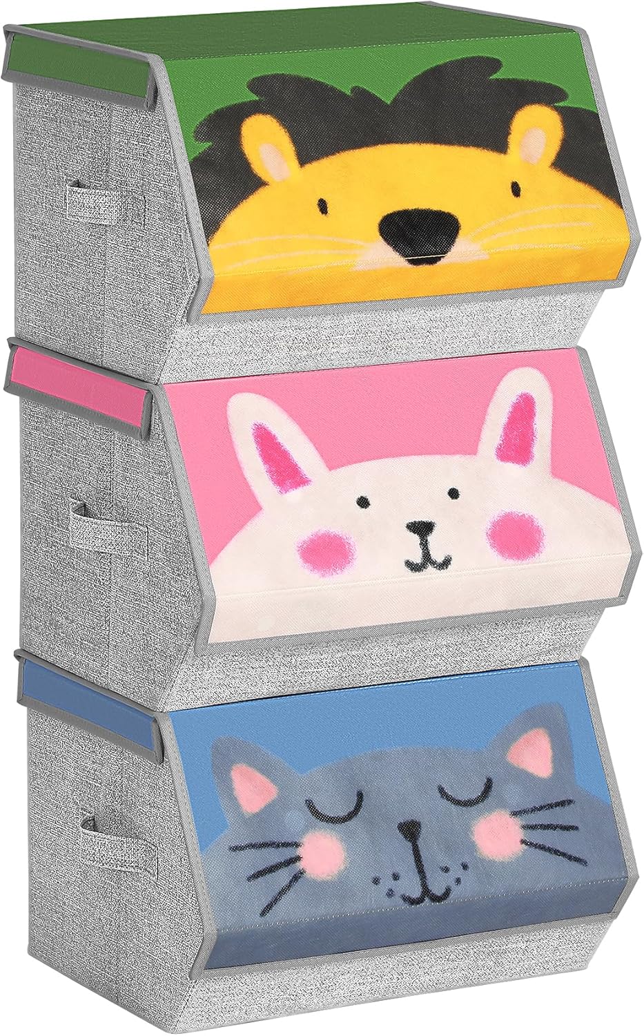 SONGMICS Aufbewahrungsboxen, 3er-Set, faltbare Stoffboxen mit Griffen, Organizer, magnetischer Deckel, für Kinderzimmer, Spielzimmer, Tiermotive, rosa, blau, grün und grau, RFB760P01