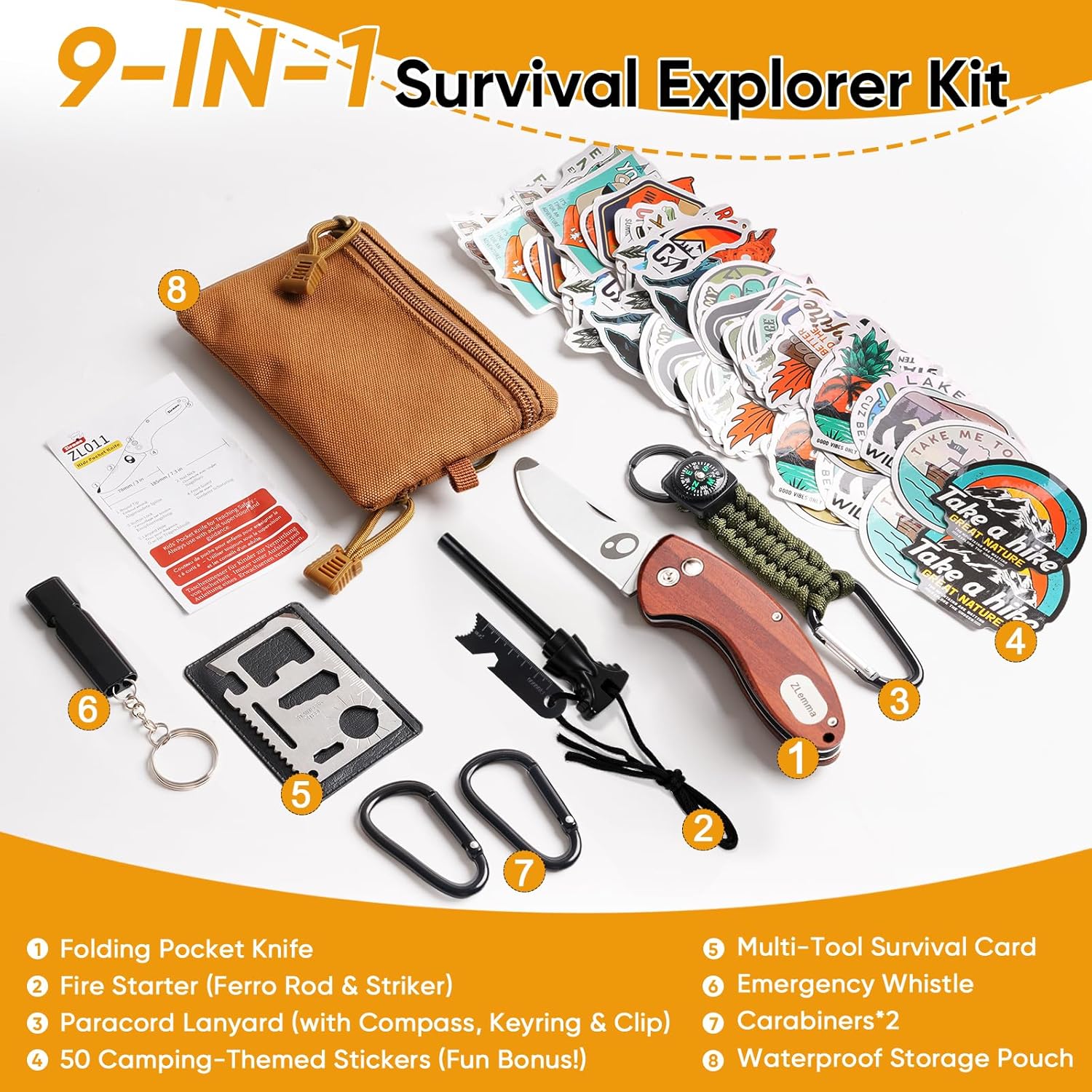 Outdoor-Survival-Set für Kinder mit Taschenmesser, Multitool, Feueranzünder, Kompass, Paracord, Pfeife, Karabinern und wasserdichter Tasche – Camping-Abenteuerset für Jungen und Mädchen – Bild 2