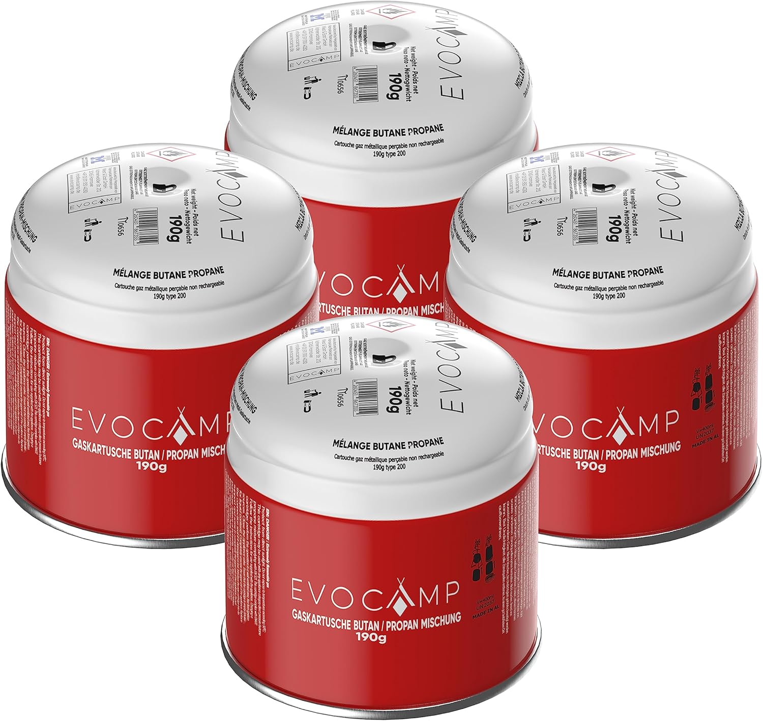 EVOCAMP 4 x durchstechbare Kartuschen 190 g, Propan-Butan-Gaskartuschen mit integriertem Gas-Lock-System, Gaskartusche mit Campinggas, geeignet für Gaskocher, Campingkocher, Gasbrenner, Kohleanzünder, Lötlampe