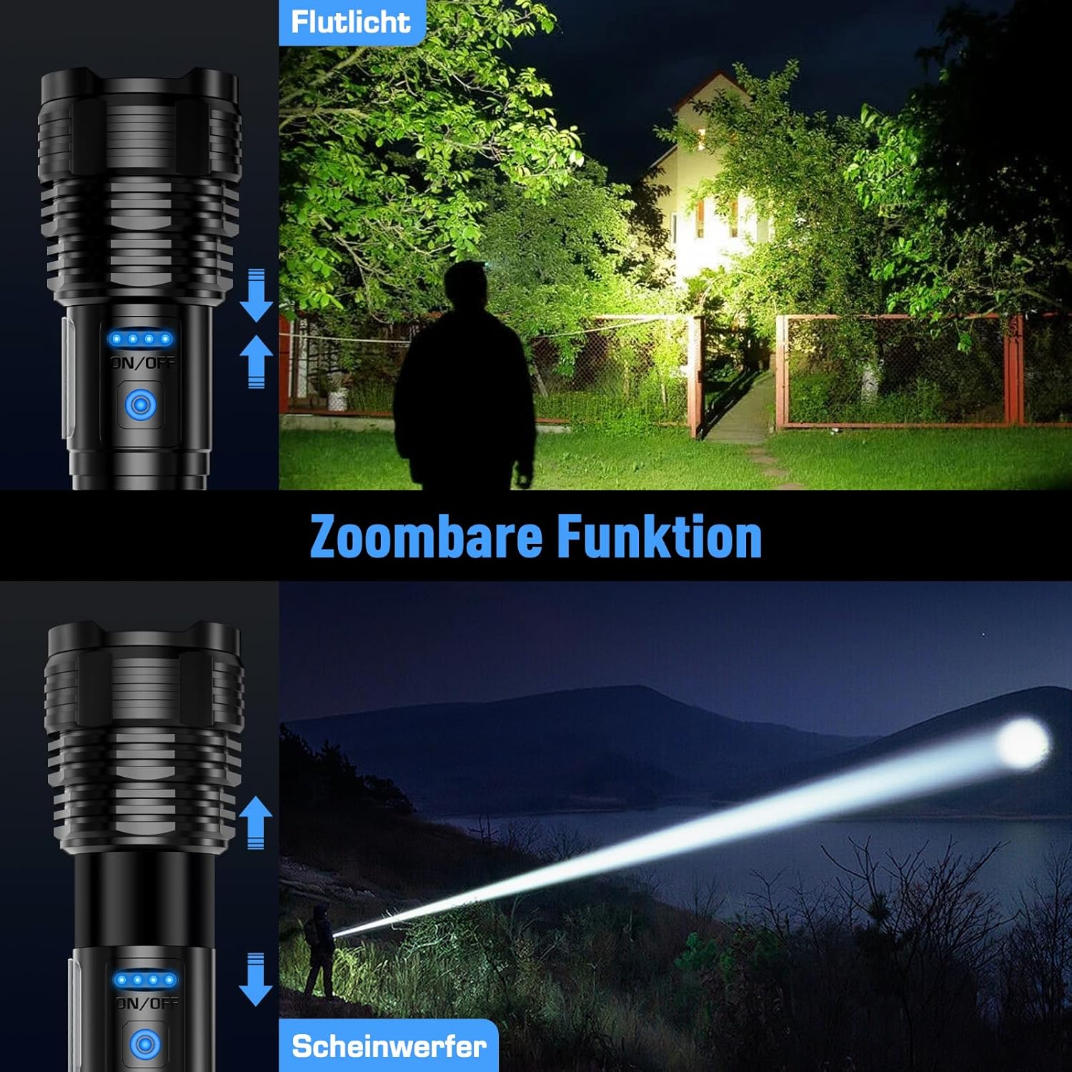 SIDARK Wiederaufladbare LED-Taschenlampe, 500.000 Lumen, extrem hell mit Seitenlicht, 9 Modi, Zoom-Funktion und IPX7 wasserdicht, Taschenlampe mit starkem Licht für Outdoor-Camping-Notfälle – Bild 5