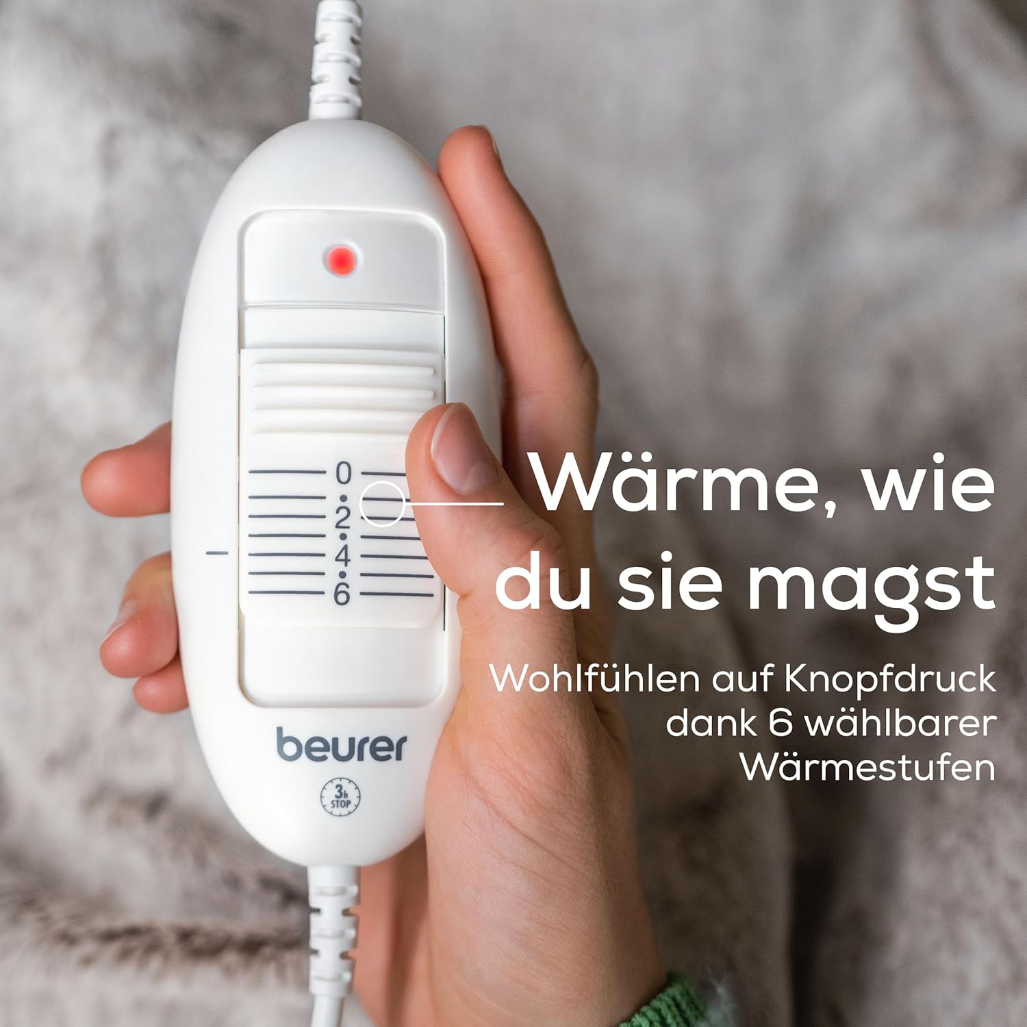 Beurer HD 75 Nordic Heizdecke, gemütliche Felloptik, 6 Temperatureinstellungen, maschinenwaschbar, mit Abschaltautomatik, Beige/Braun – Bild 4
