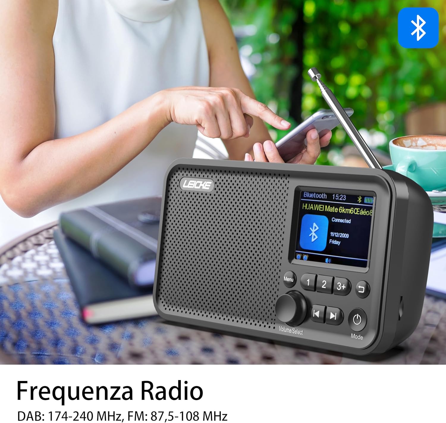 LEICKE Tragbares DAB+ Radio mit Bluetooth 5.0, DAB/DAB+ und UKW-Radio, 2,4 Zoll Farbdisplay, 80 Senderspeicher, Küchenradio mit Adapter oder 4000 mAh Batteriebetrieb, MicroSD/TF/AUX-Anschluss – Bild 4