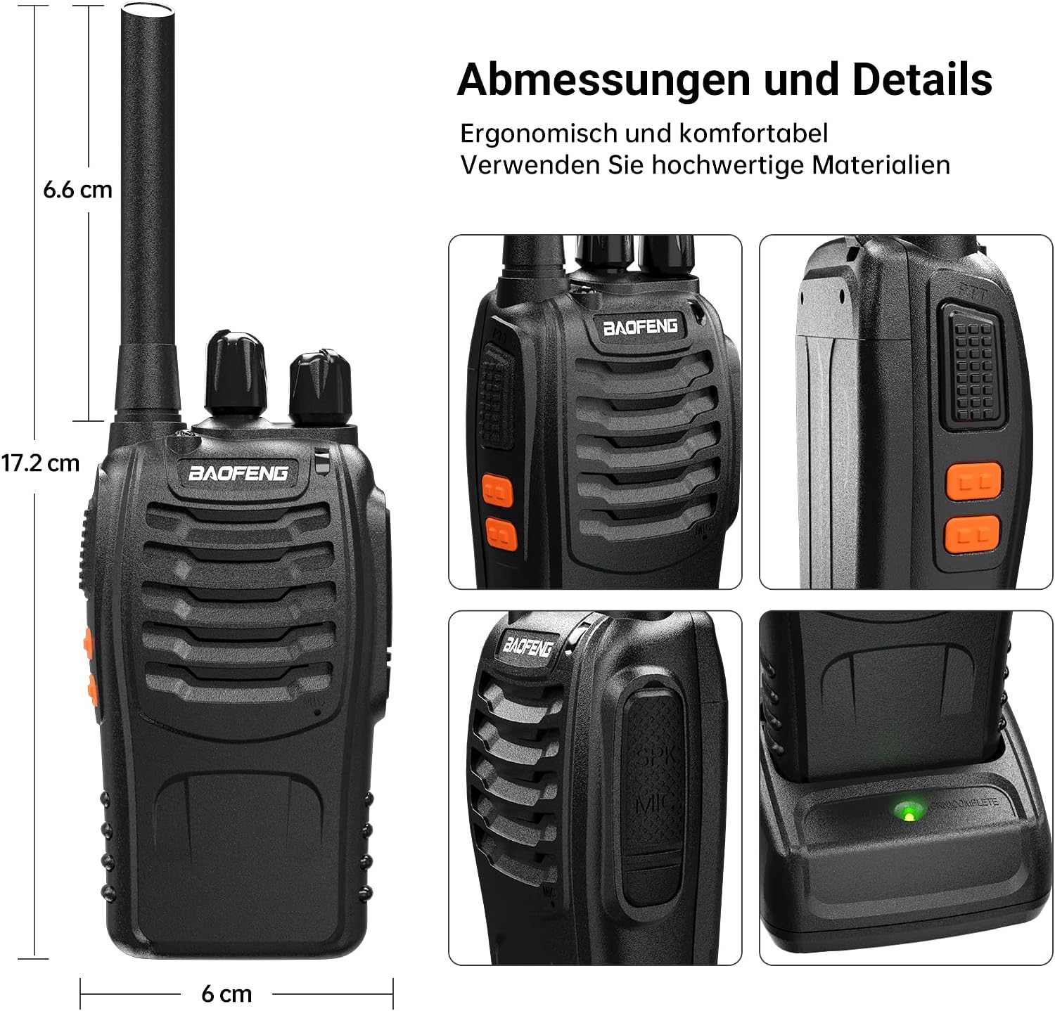 Professionelles Walkie-Talkie für Erwachsene mit großer Reichweite, wiederaufladbarem Akku, 16-Kanal-Funkgerät, USB-Ladegerät und Ohrhörer mit VOX (schwarz, 1 Paar) – Bild 6