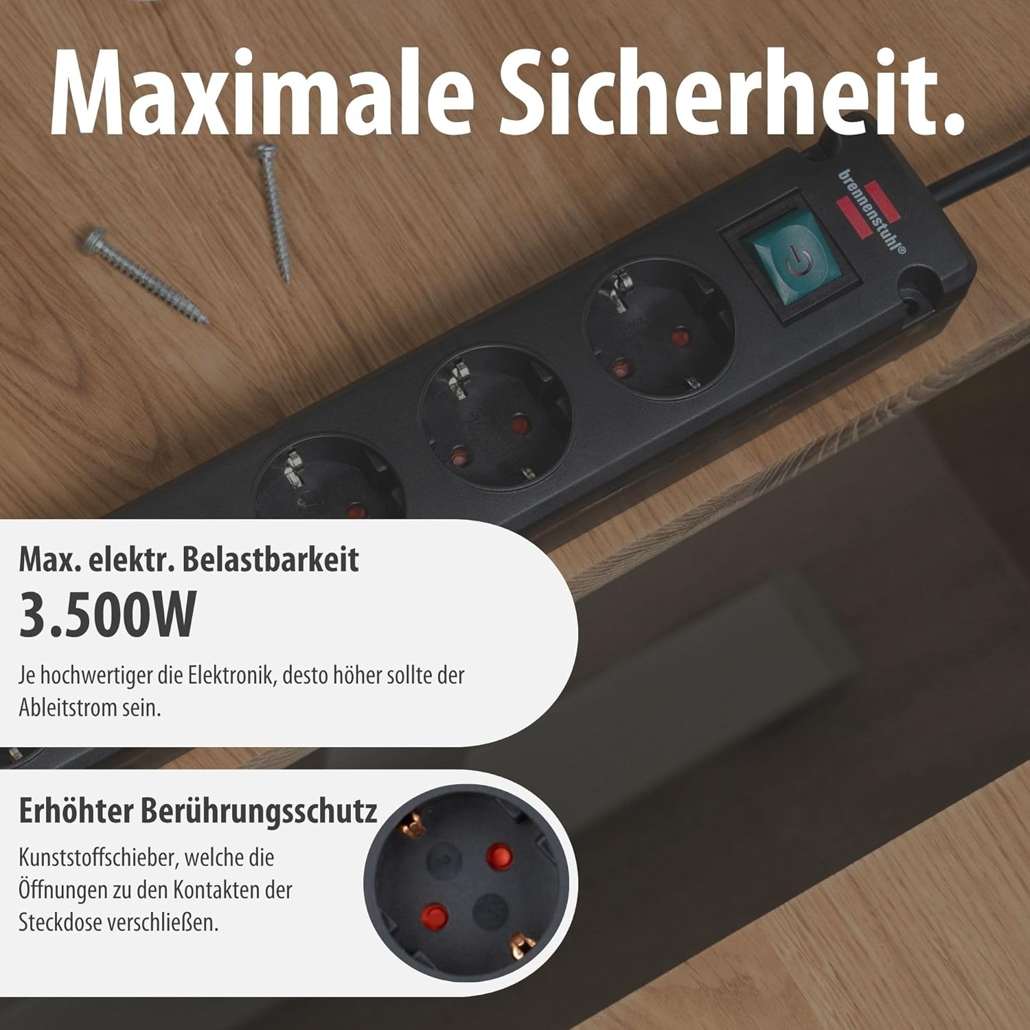 Brennenstuhl Bremounta Steckdosenleiste, 5-fach Steckdosenleiste mit USB-Ladefunktion (Mehrfachsteckdose mit 90-Grad-Steckdosen, Steckerleiste mit Montagemöglichkeit und 3 m Kabel), schwarz | Mehrfachsteckdose mit 90-Grad-Steckdosen, Steckdosenleiste mit Schalter, Montagemöglichkeit und 3 m Kabel, schwarz – Bild 6