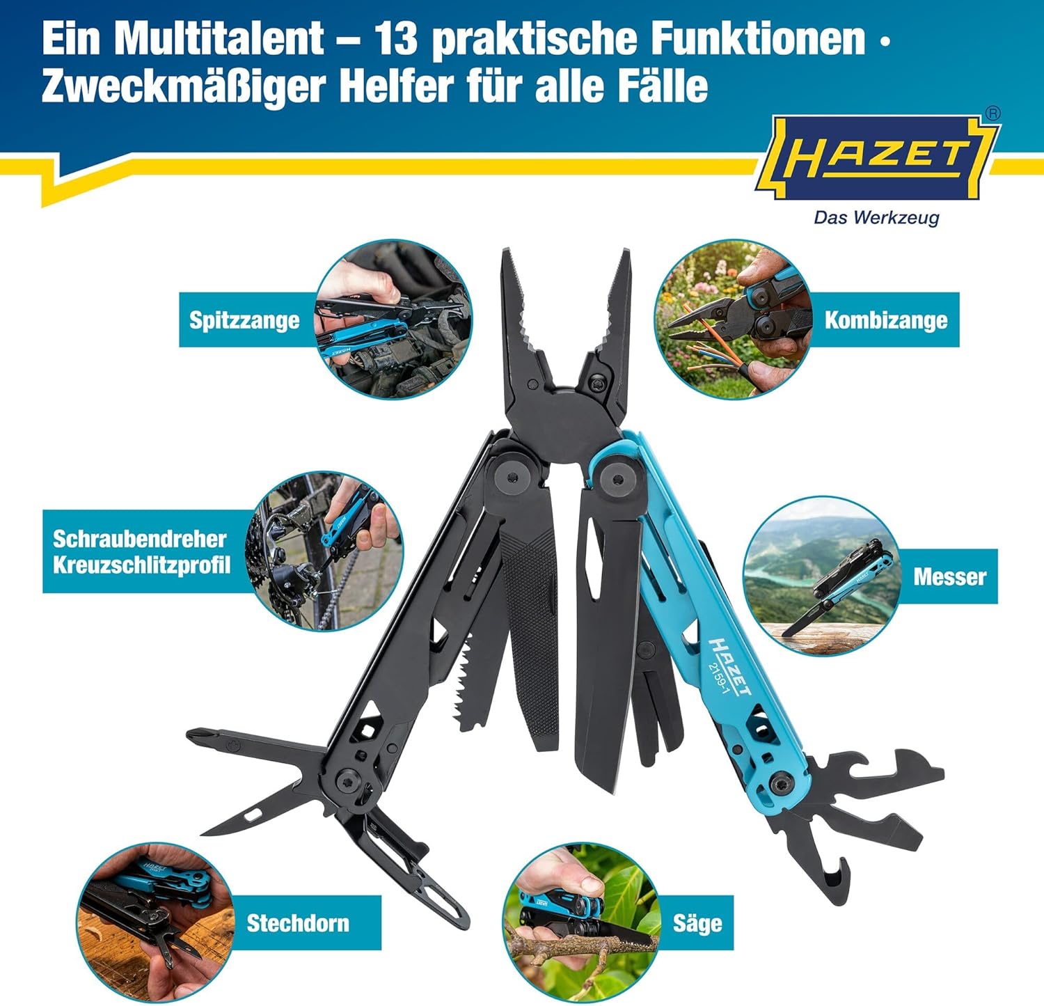 HAZET Multitool 2159-1 13-in-1 Spitzzange aus Edelstahl, Messer, Säge, Schraubendreher, Sechskantschlüssel, Schere, Gürtelclip mit robuster Gürteltasche – Bild 2