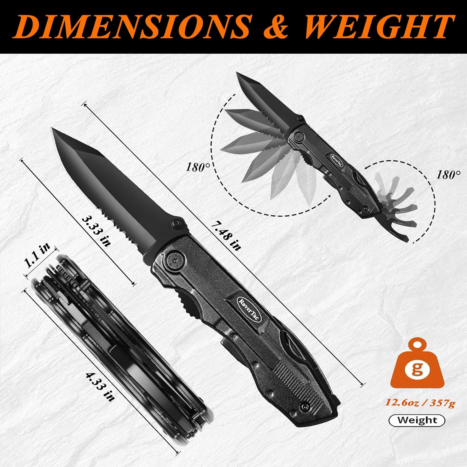 RoverTac Multitool-Taschenmesser, Geschenk für Männer: Klappmesser, Survival-Campingmesser, Zange, Dosenöffner, 9er-Pack Schraubendreher, mit Sicherheitsverschluss-Nylonscheide, Geschenke für Männer, Papa, Ihn – Bild 3