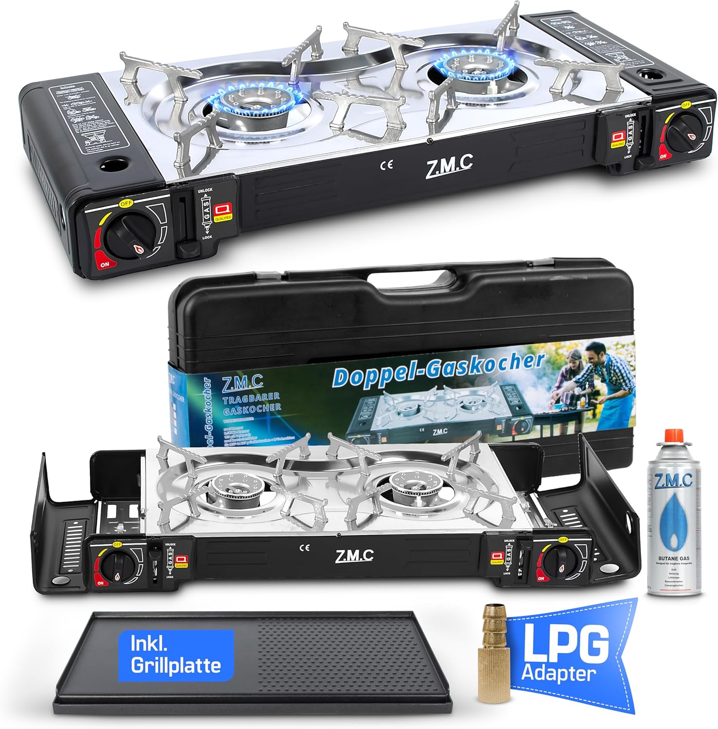 ZMC Gaskocher 2-flammig, 2 x 2,5 kW, LPG-Adapter + Aufbewahrungskoffer, Campingkocher mit Piezo-Zündung, optional mit Grillplatte und Gaskartuschen, 227 g, für den Außen- und Innenbereich – Bild 9