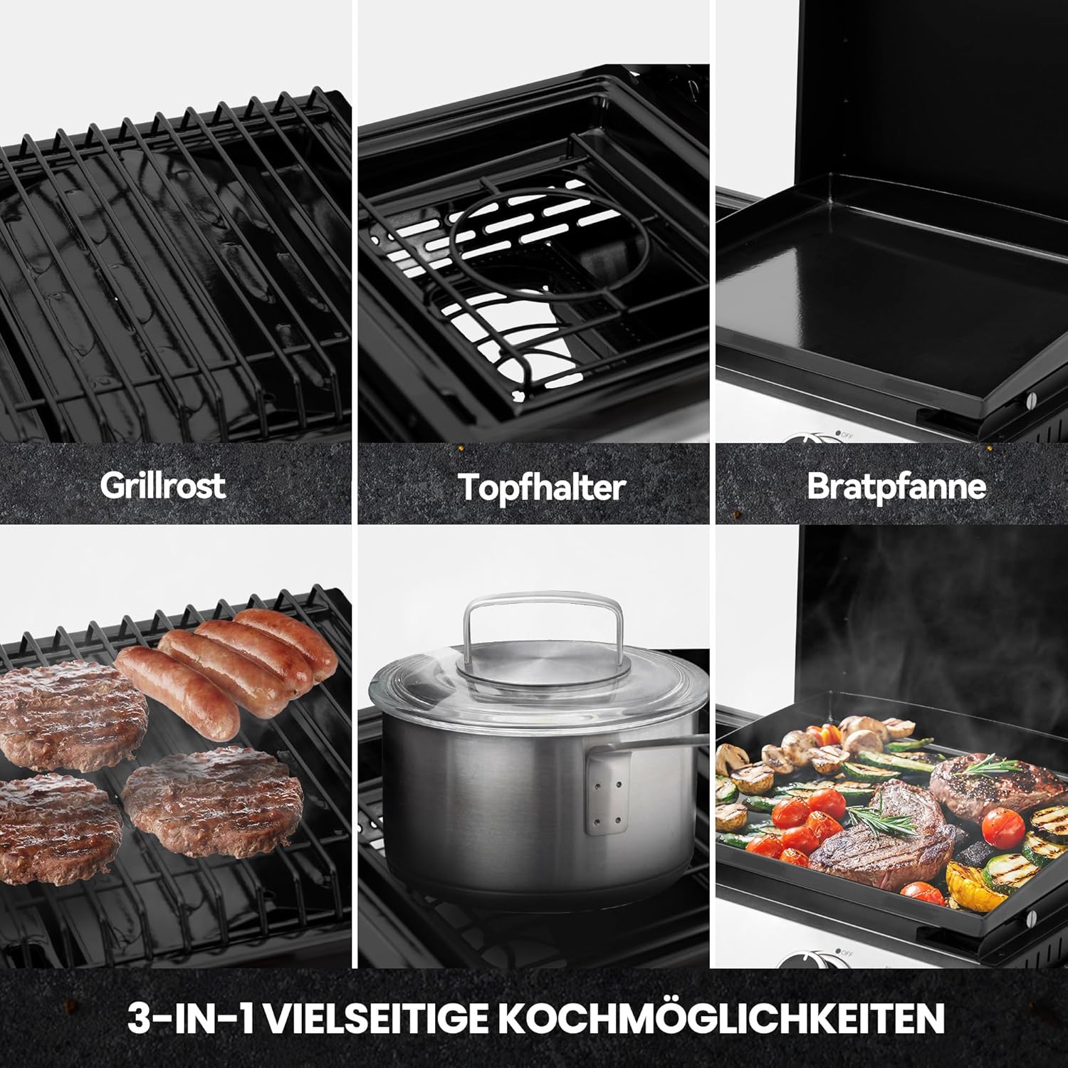 Royal Gourmet 8,5 kW Gasgrill, 3-in-1-Tischgrill mit Grillen, Braten, Kochen, 3 Brenner, tragbarer Picknickgrill, Campinggrill mit klappbarer Seitenablage, schwarz – Bild 4