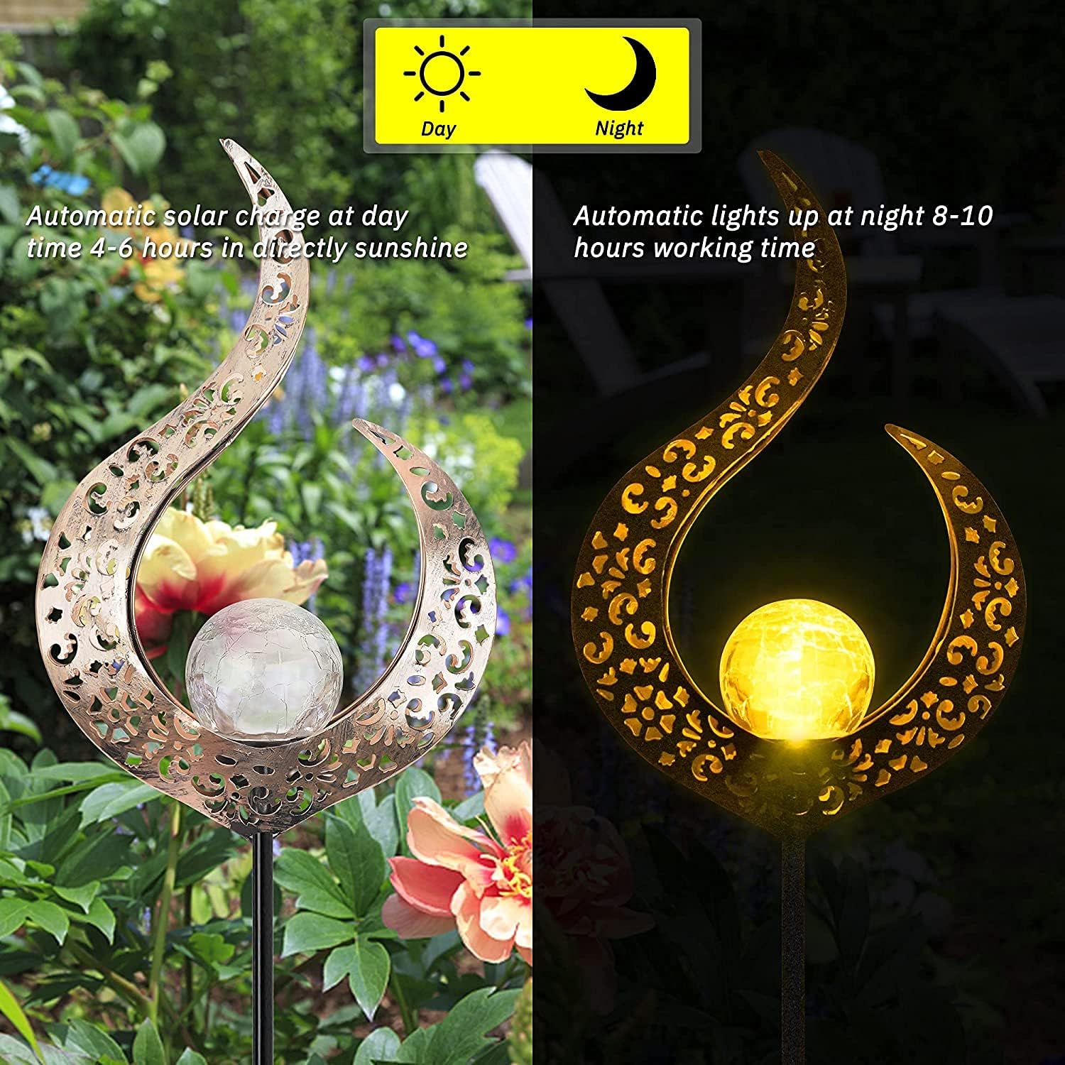 Solarlampe für den Außenbereich, 2 hohle LED-Stäbe aus Metall, dekorativer Gartenstabständer, Solarleuchte für den Außenbereich, Solarfackel, Garten-Solarflammenlicht, IP65-Gartendekoration für Terrasse, Weg, Hof, Rasen – Bild 4