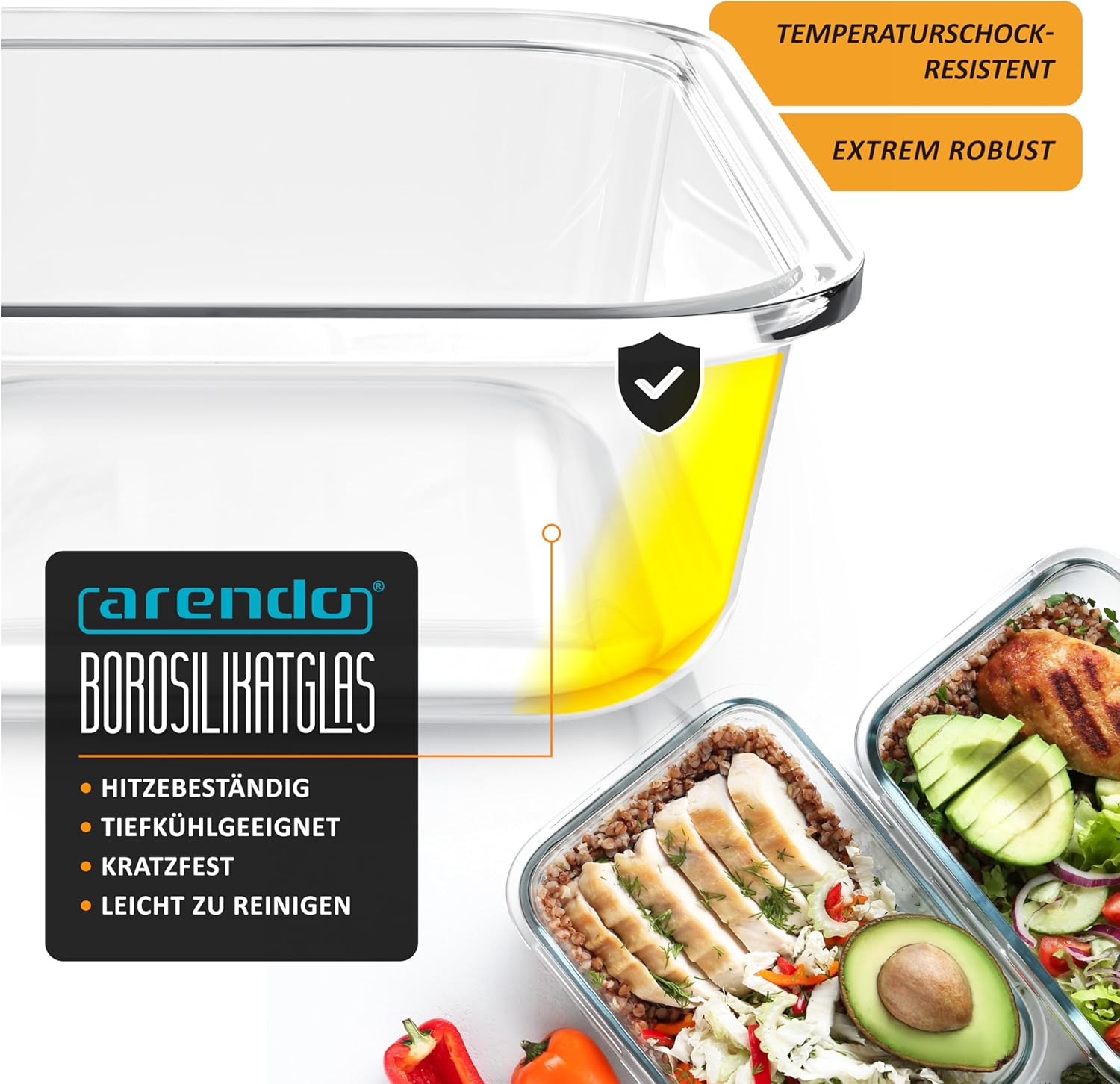 Arendo – Frischhaltedosen aus Glas für Lebensmittel mit luftdichtem Deckel – 5er-Set – 1000 ml – für Mikrowelle, Backofen, Gefrierschrank – spülmaschinenfest – Lunchboxen, Meal-Prep-Boxen-Set – Bild 4