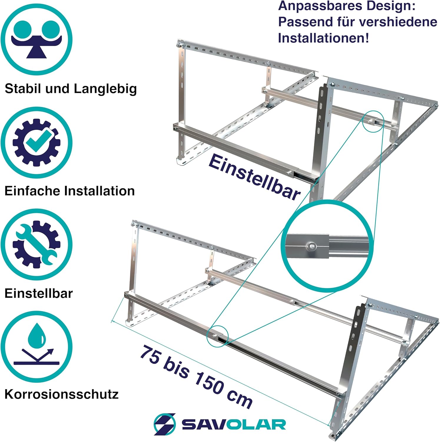Solarpanel-Halterung, 2 Stück, Aluminium & Edelstahl, Wandmontage, für Balkonkraftwerk bis 117 cm, Winkel verstellbar 0–90°, kompatibel mit Solarmodulen 100 W–600 W Breite – Bild 3