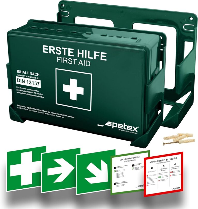 PETEX Company Erste-Hilfe-Set Standard mit Inhalt nach DIN 13157 inkl. praktischer Wandhalterung, 5 x Aufkleber, Erste-Hilfe-Koffer, Erste-Hilfe-Set in Grün für Gewerbe, Büro, Baustelle