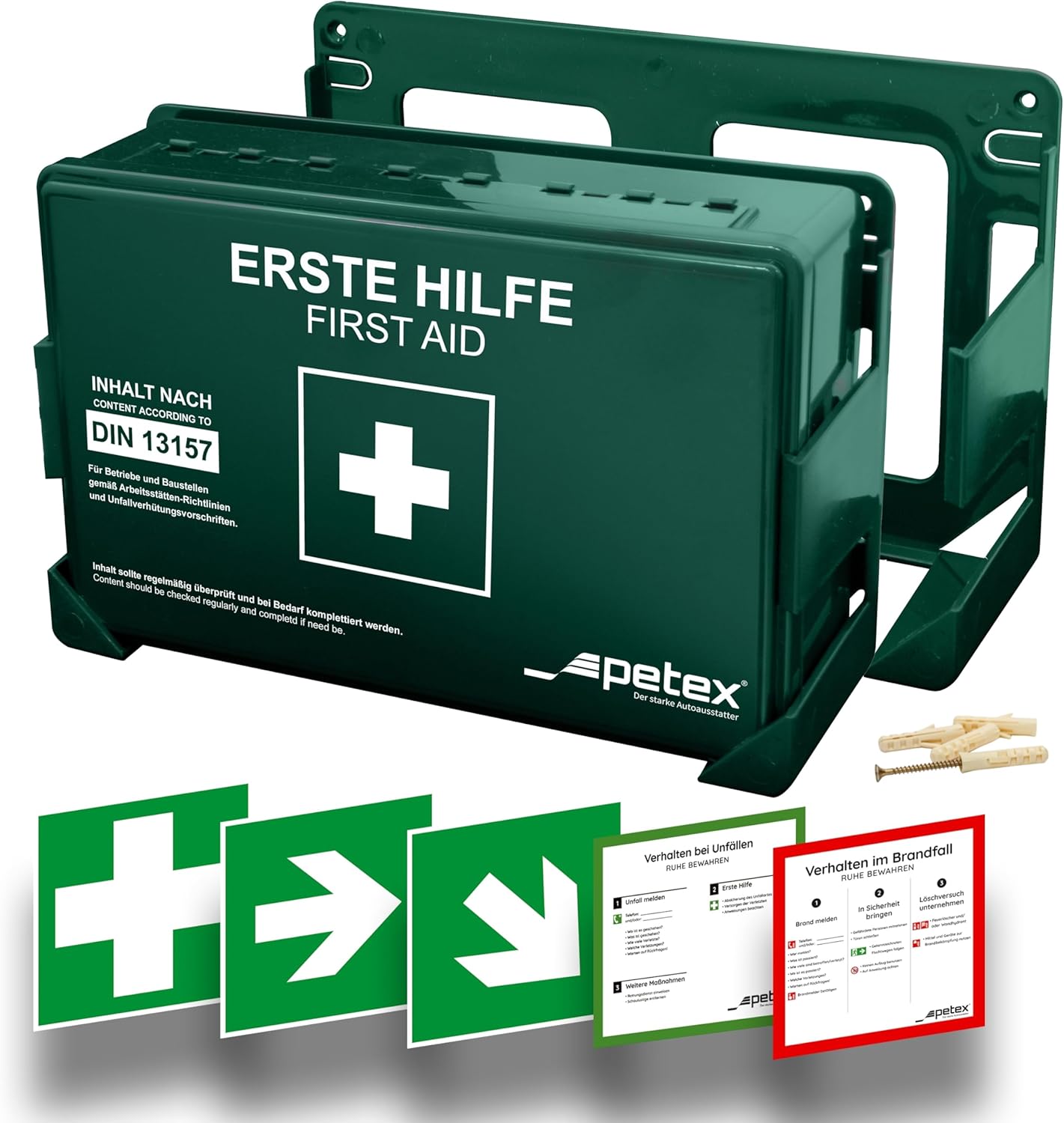 PETEX Company Erste-Hilfe-Set Standard mit Inhalt nach DIN 13157 inkl. praktischer Wandhalterung, 5 x Aufkleber, Erste-Hilfe-Koffer, Erste-Hilfe-Set in Grün für Gewerbe, Büro, Baustelle