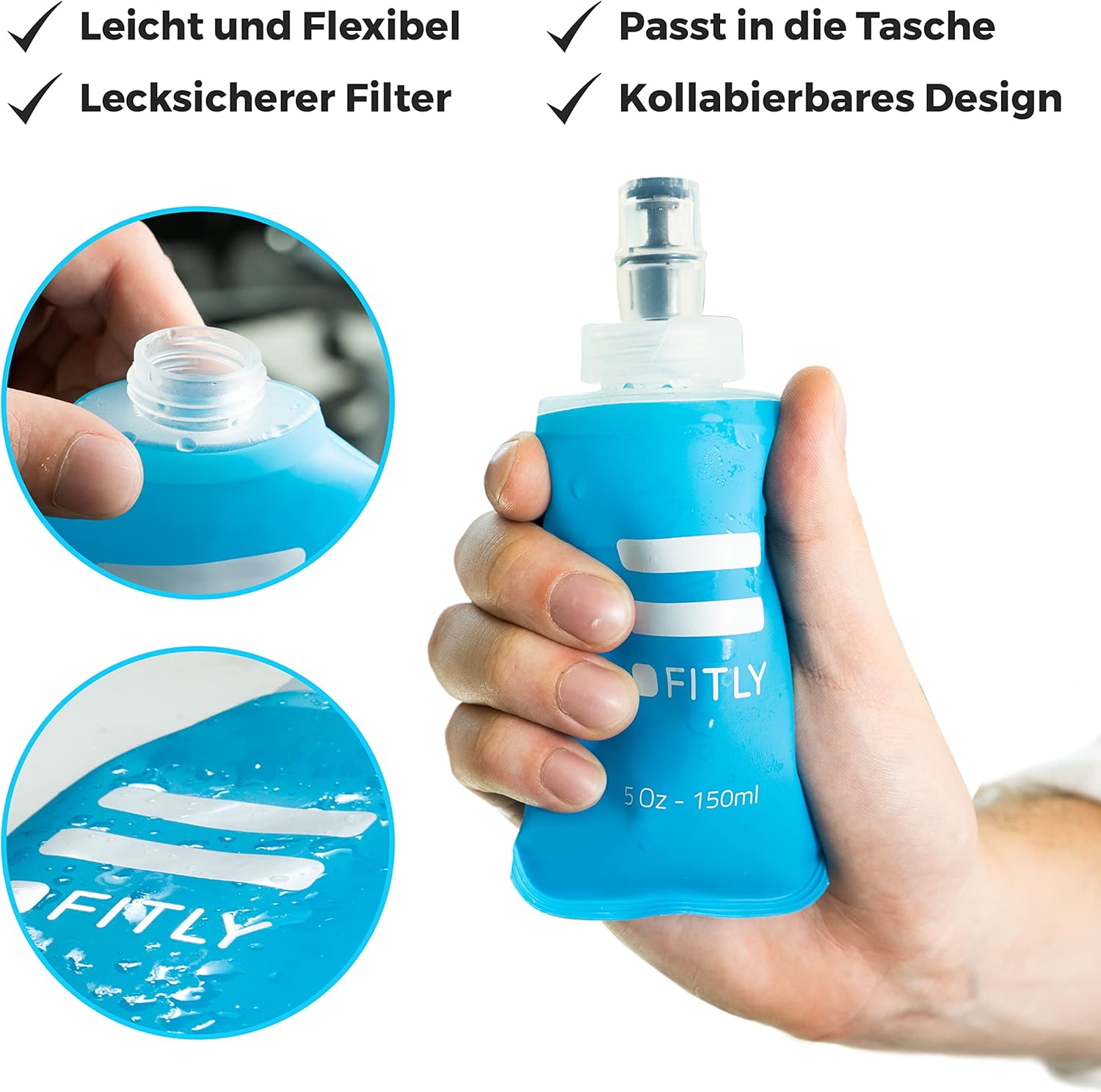 FITLY faltbare Wasserflasche – ideal zum Laufen, Wandern, Radfahren – Laufwasserflasche für Outdoor-Sportarten – Sportflasche zum Wandern – Wasserflasche für Trinkrucksack – Bild 2