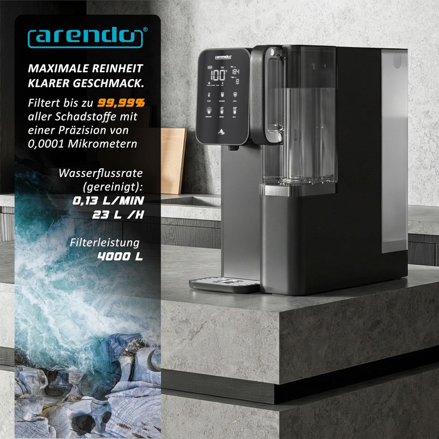 Arendo – Premium-Osmose-System – 99,99 % reines Trinkwasser – 7-stufiges Filtersystem (5+2) – Umkehrosmose/Wasserfilter – keine Installation – Aufsatzgerät – Heißwasserspender 40 °C – 100 °C – TDS – Bild 7