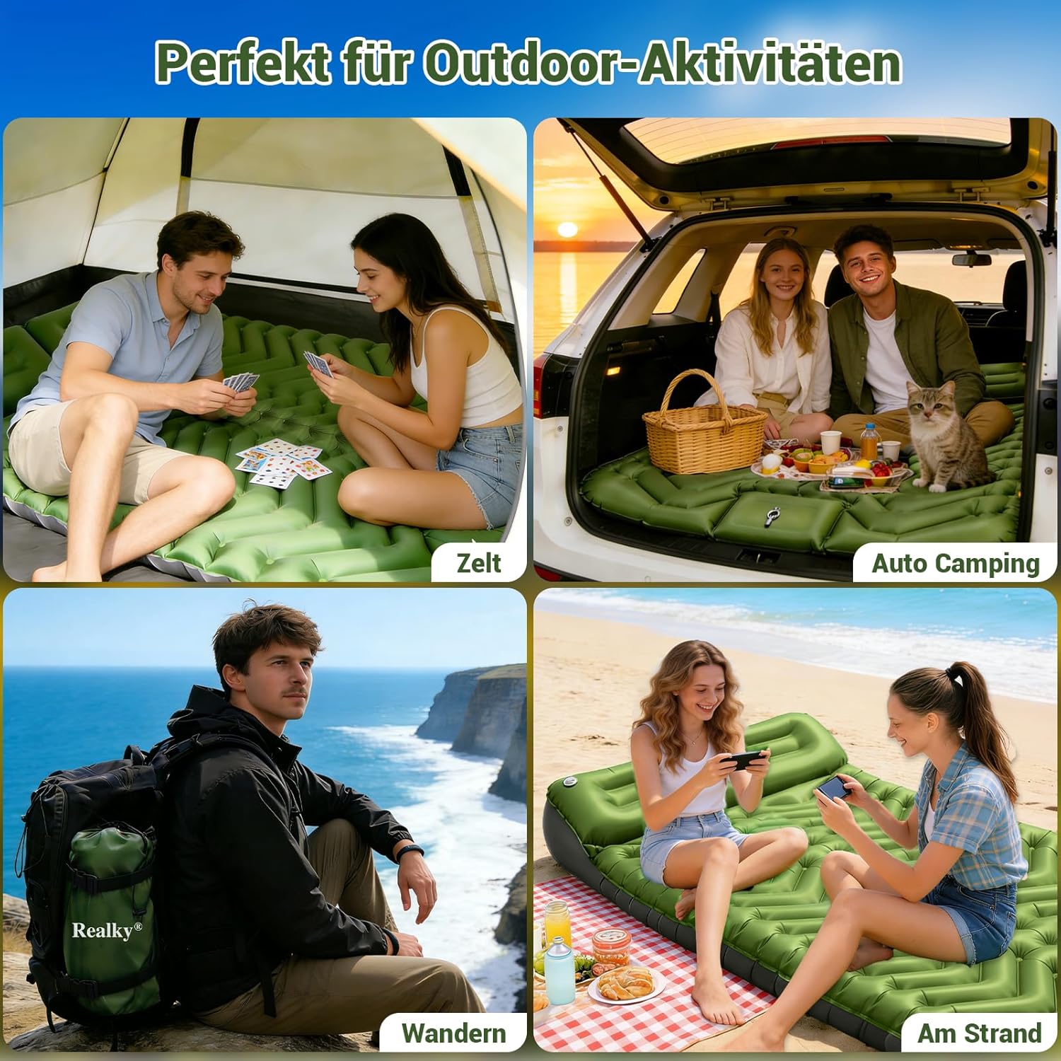 Isomatte, Camping-Luftmatratze, aufblasbare Matratze, für 2 Personen, ultraleicht, kompakt, dick, aufblasbare Isomatte, Strandmatte, Outdoor mit Fußpumpenkissen, wasserdichte Doppel-Isomatte – Bild 4