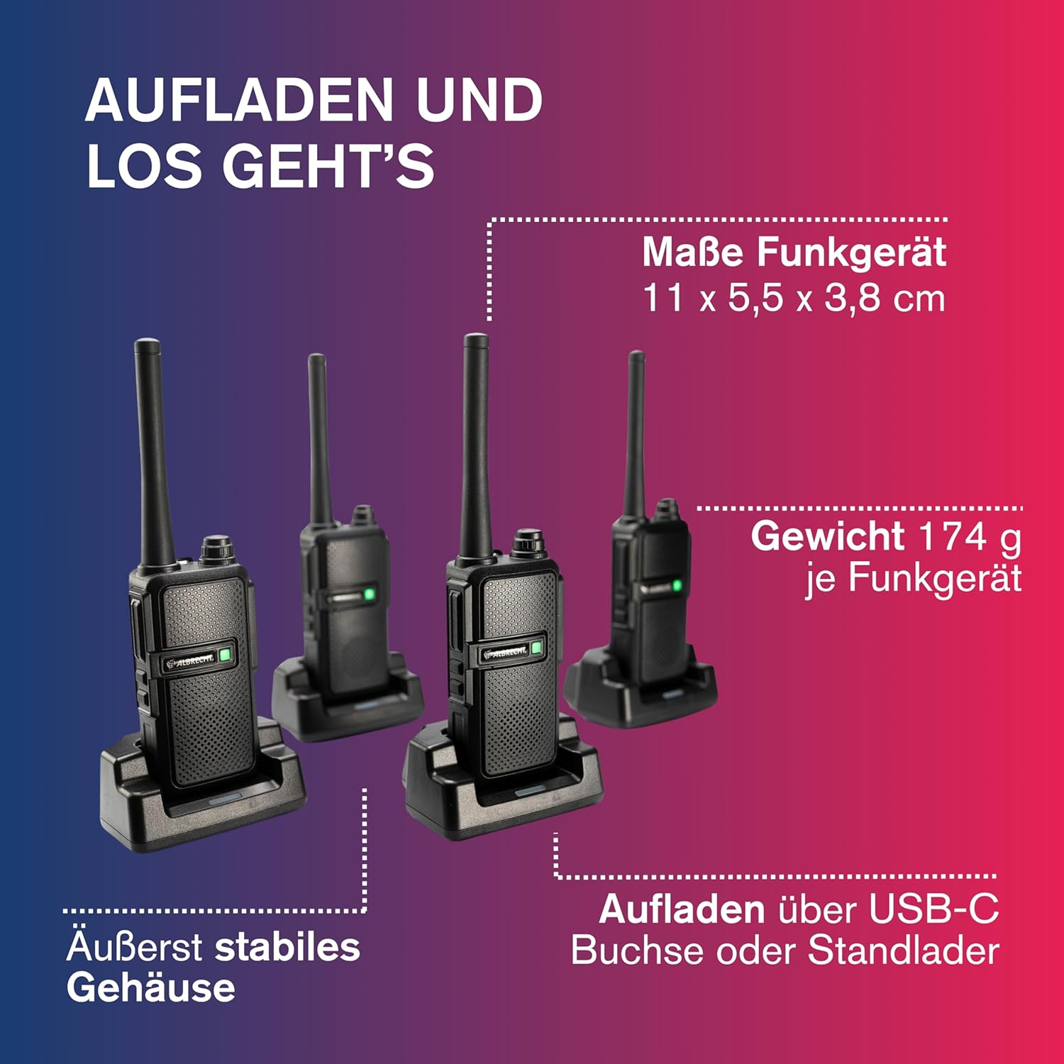 Albrecht Tectalk Worker 3 Kofferset, 4 Walkie Talkies & Zubehör, PMR446 Funkgeräte mit VOX, Robust für Baustelle, Sicherheit, Betrieb & Outdoor – Bild 3