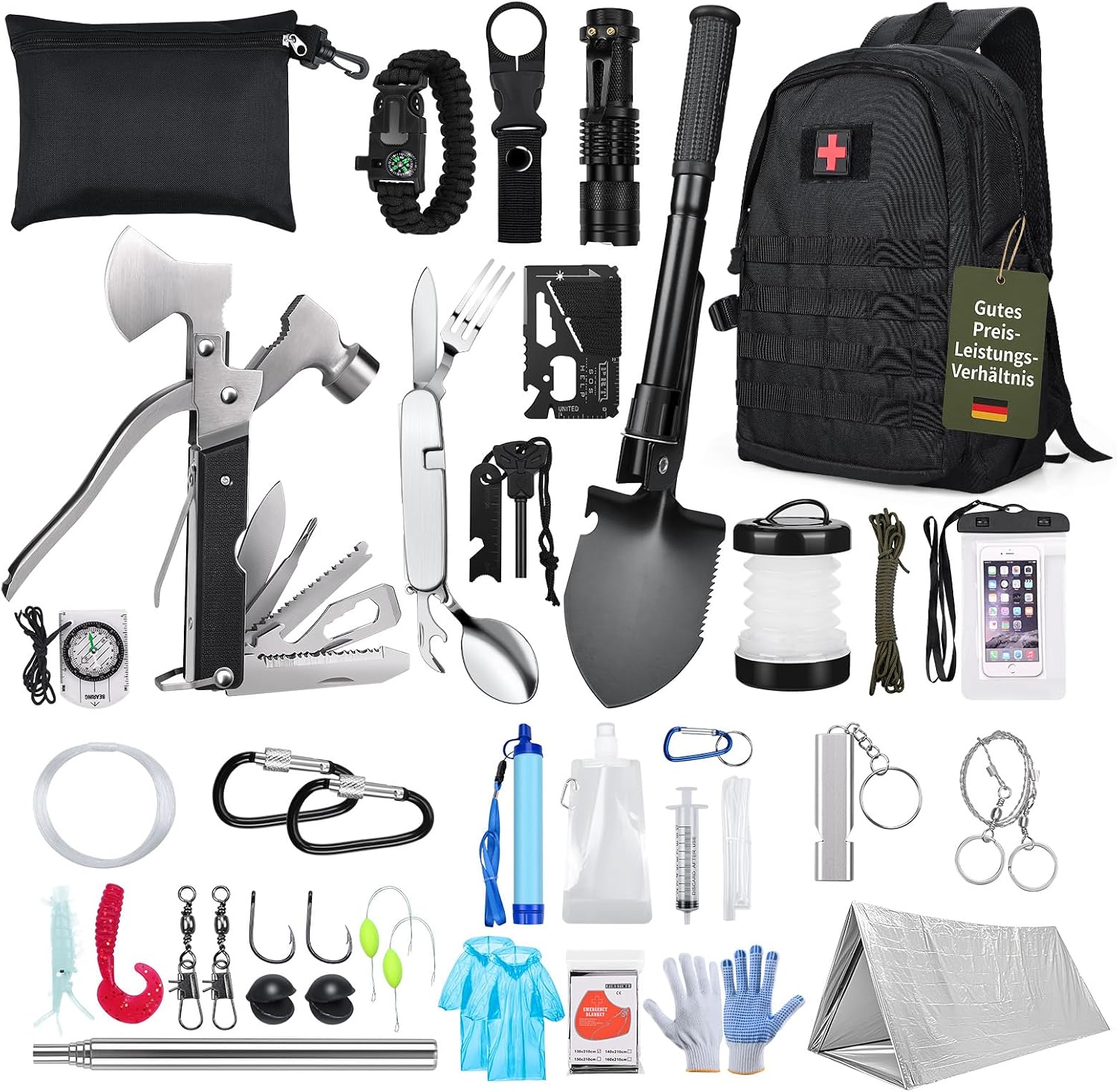 Survival Kit All-in-1 – MMOBIEL Notfallset – Survival-Ausrüstung mit Wasserfilter, Multitool etc. für Outdoor, Camping, Abenteuer, Outdoor-Wandern – Geschenke für Männer