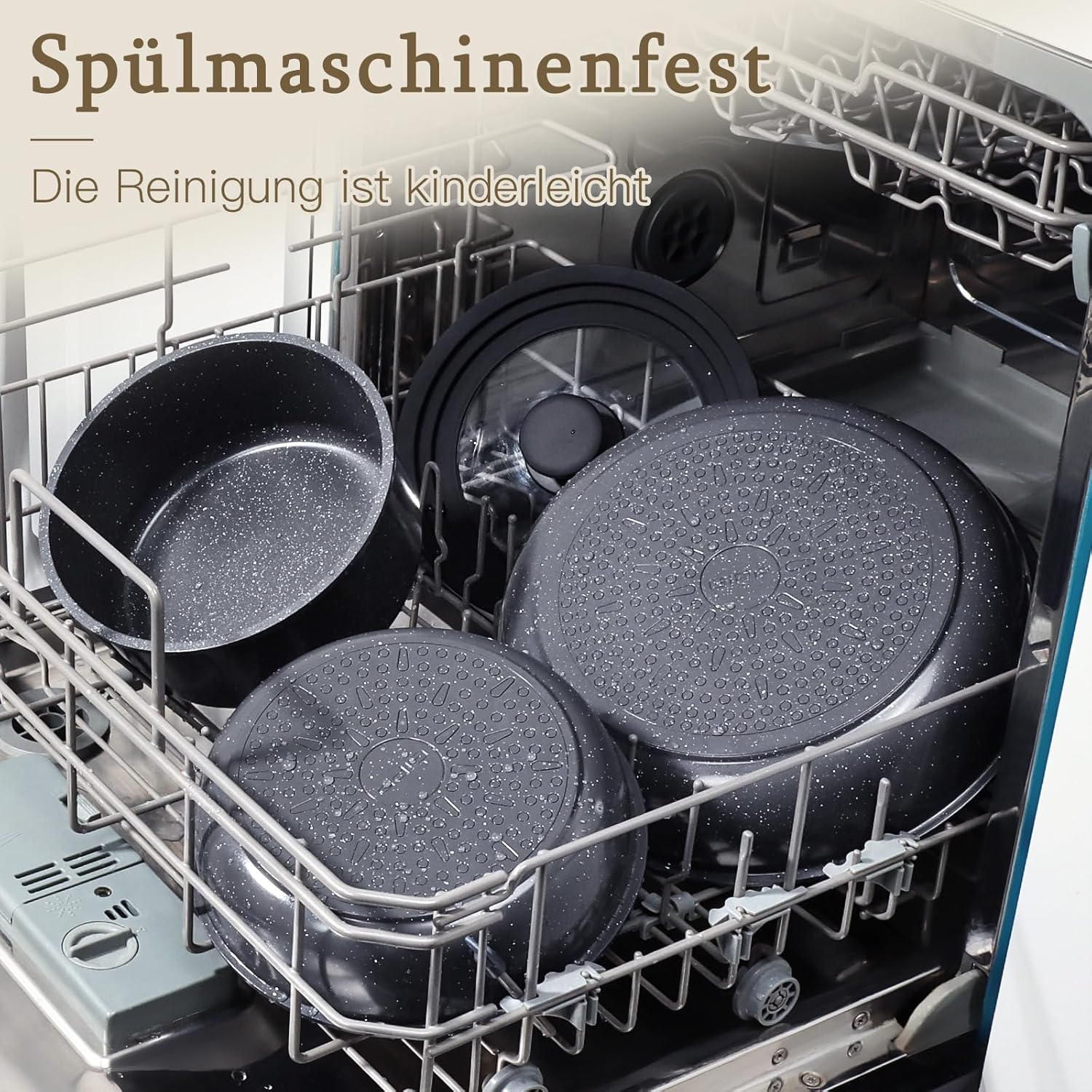 GiPP Granit-Pfannen-Set, 8-teilig, Kochtopf-Set, antihaftbeschichtetes Kochgeschirr mit abnehmbarem Griff, für alle Herdarten geeignet, spülmaschinenfest, ofenfest (schwarz, 8-teilig) – Bild 7