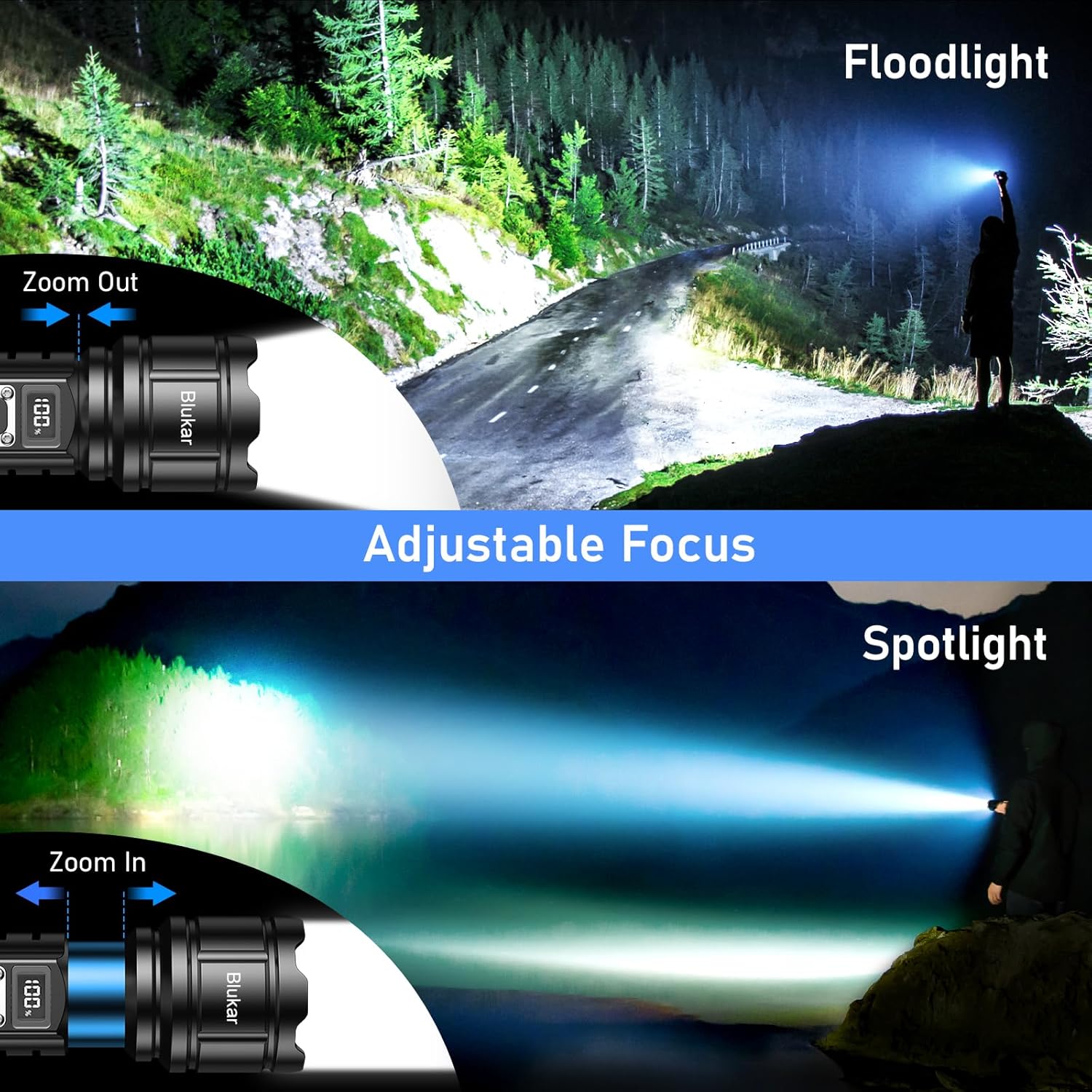 Blukar Taschenlampe LED wiederaufladbar, extrem helle Taschenlampe mit hoher Helligkeit | Zoombare Taschenlampen mit 5 Lichtmodi, IP67 wasserdichte Taschenlampe für Camping, Outdoor, Notfall – Bild 3