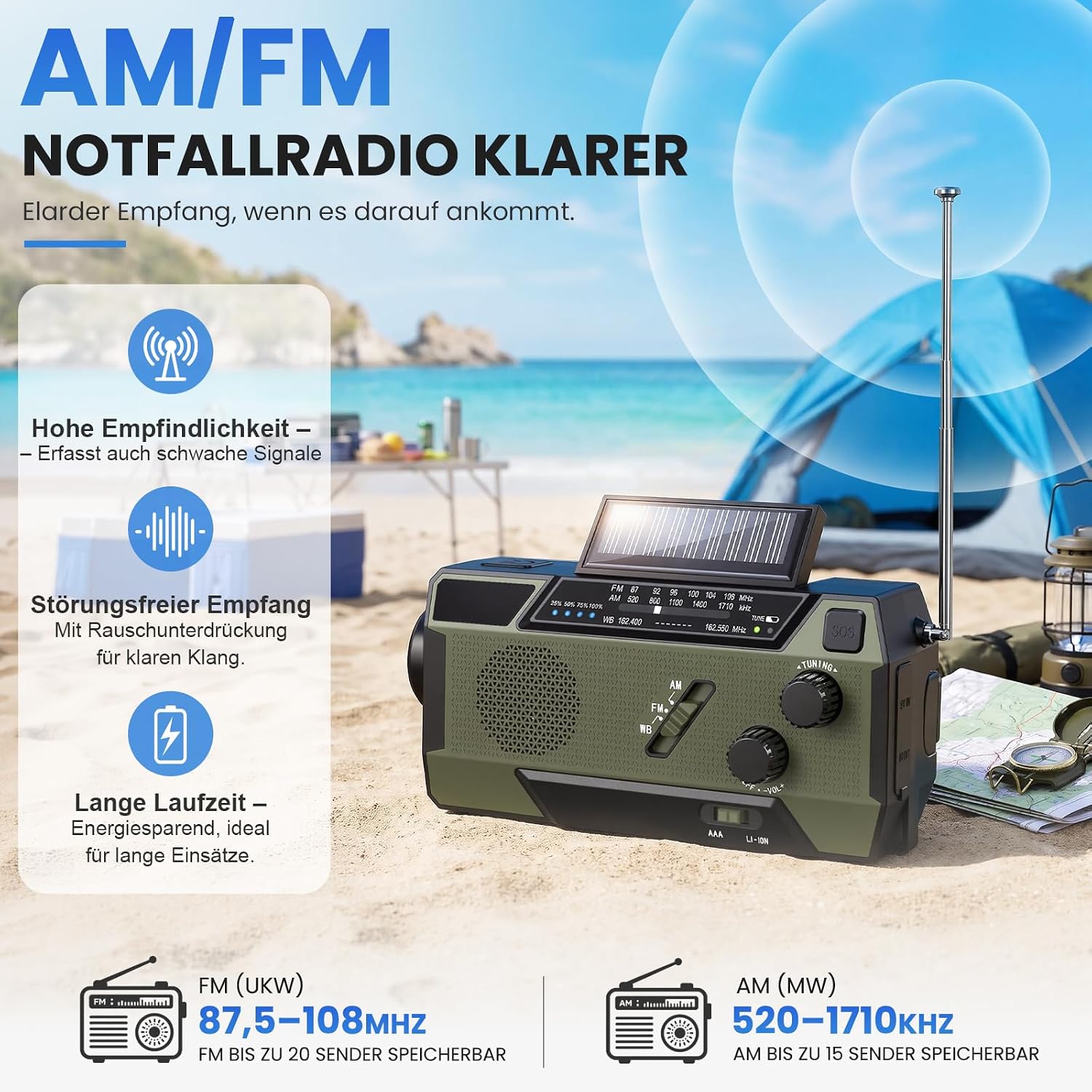 Kurbelradio, Notfallradio, 4000 mAh (14800 mWh) Akku, Powerbank mit 3 integrierten Kabeln, Radio mit Kurbel und Solar, AM/FM SOS-Alarm, Taschenlampe, Notfall-Kurbelradio für Camping, Outdoor, Stromausfall – Bild 5
